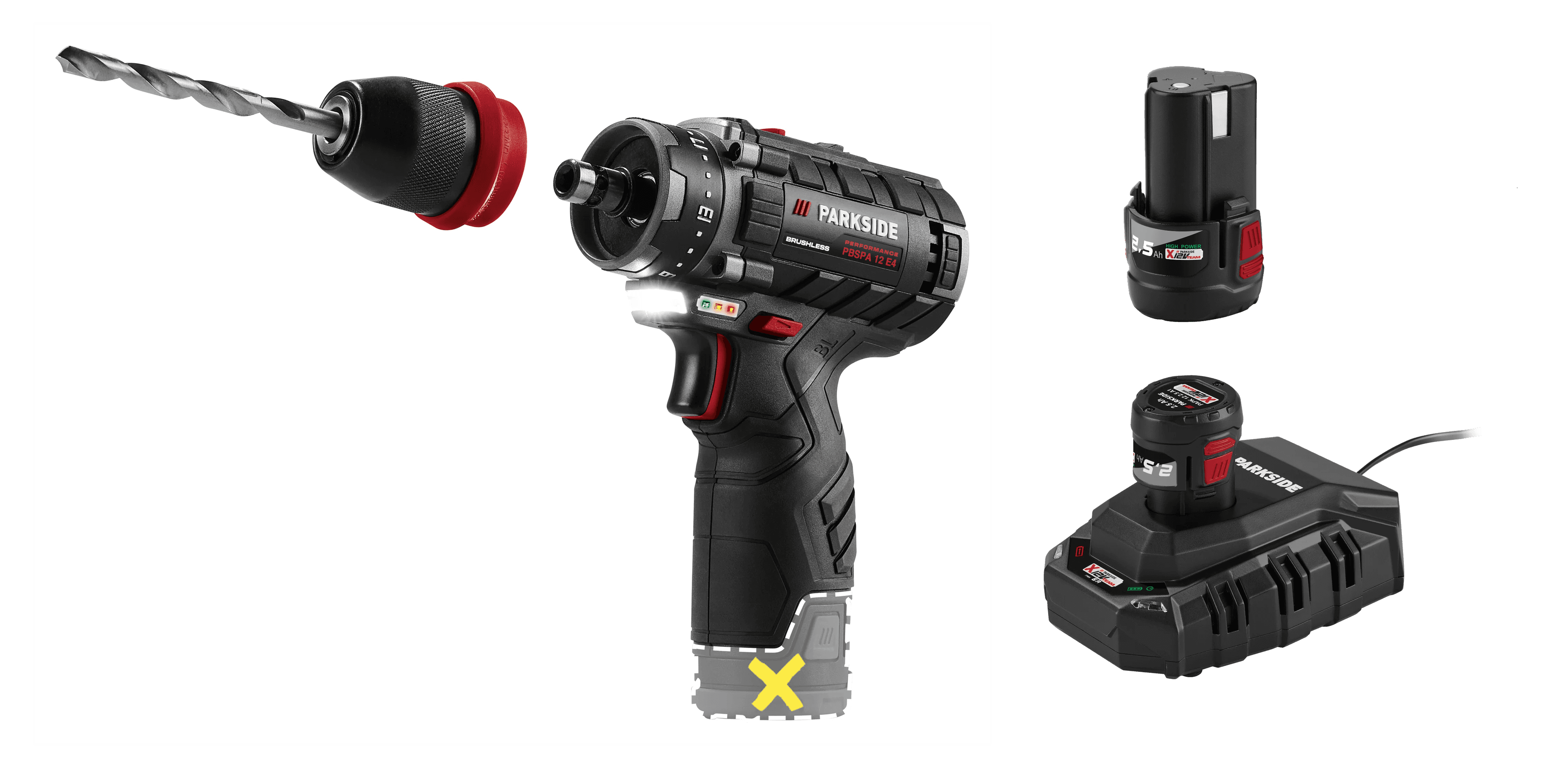 PARKSIDE PERFORMANCE® Aku vŕtací skrutkovač PBSPA 12 E4 + Akumulátor 12 V/2,5 Ah PAPK 12 2.5 B1, 2 kusy + Nabíjačka 6 A PLGK 12 6.0 B1 1