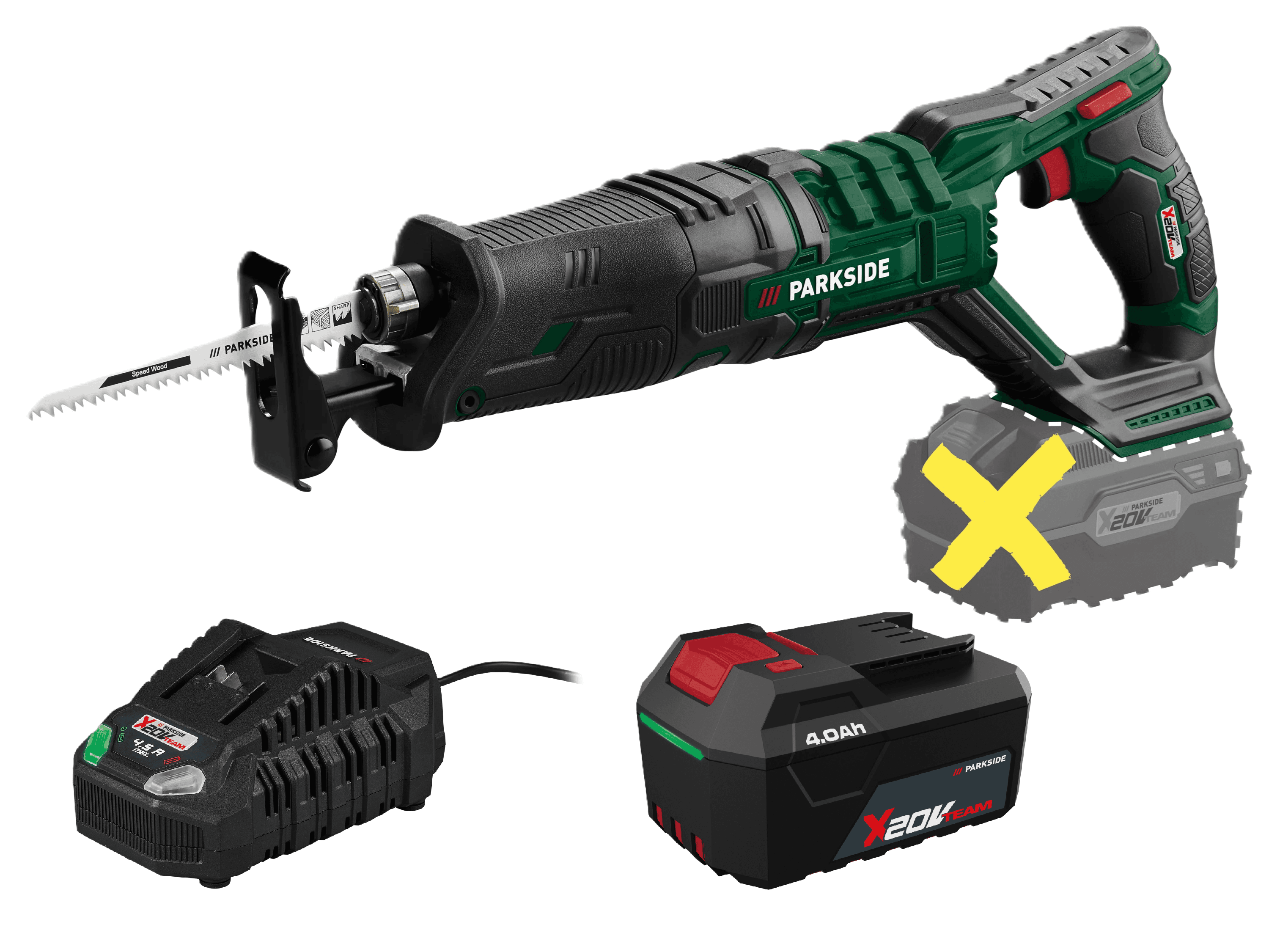 PARKSIDE® Aku chvostová píla 20 V PSSA 20-Li B2 + Akumulátor 20 V/4 Ah + Rýchlonabíjačka 20 V/4,5 A 1