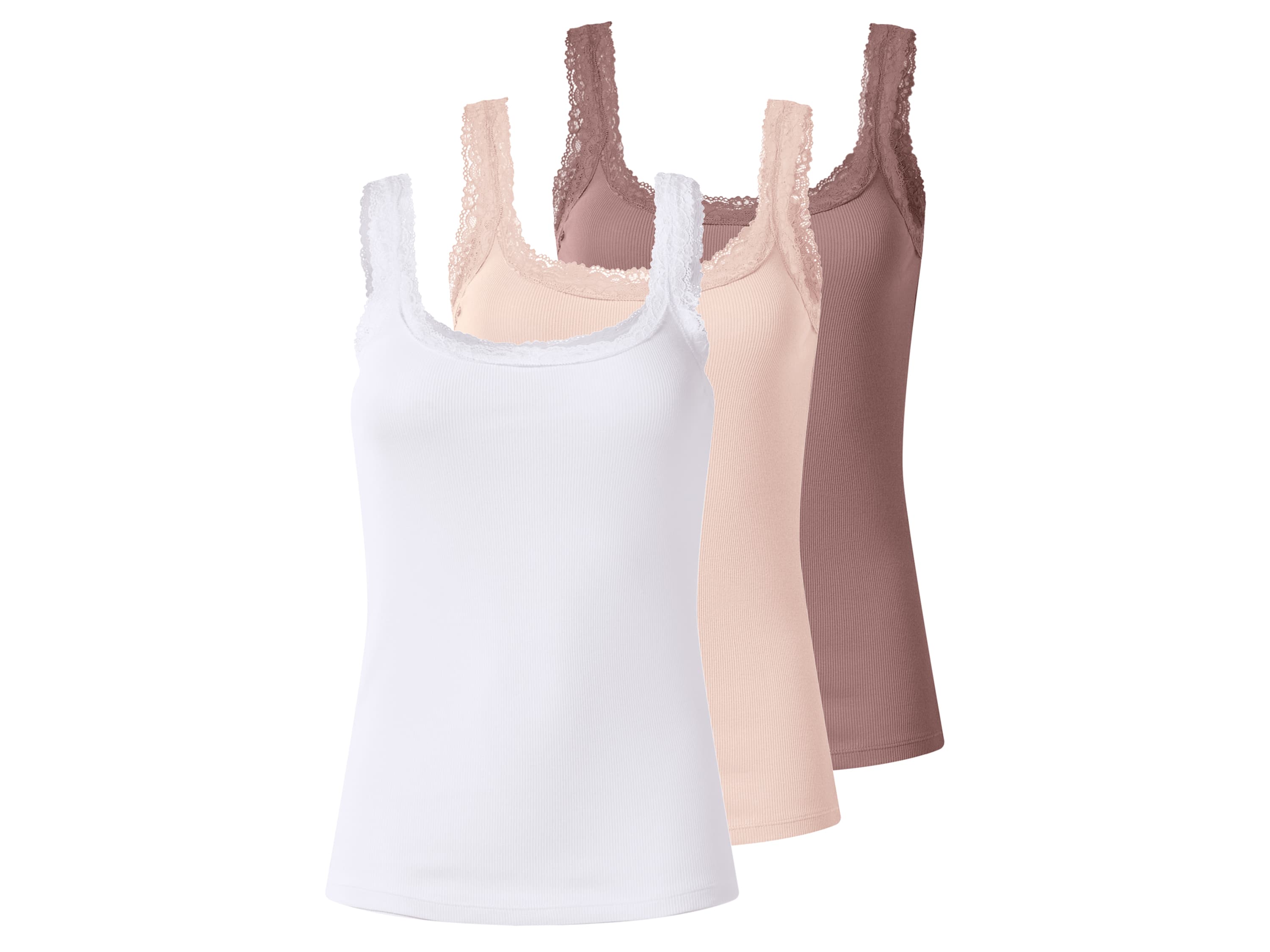 esmara® Dámske rebrované topy s čipkou, 3 kusy (ružová/biela, XL (48/50))