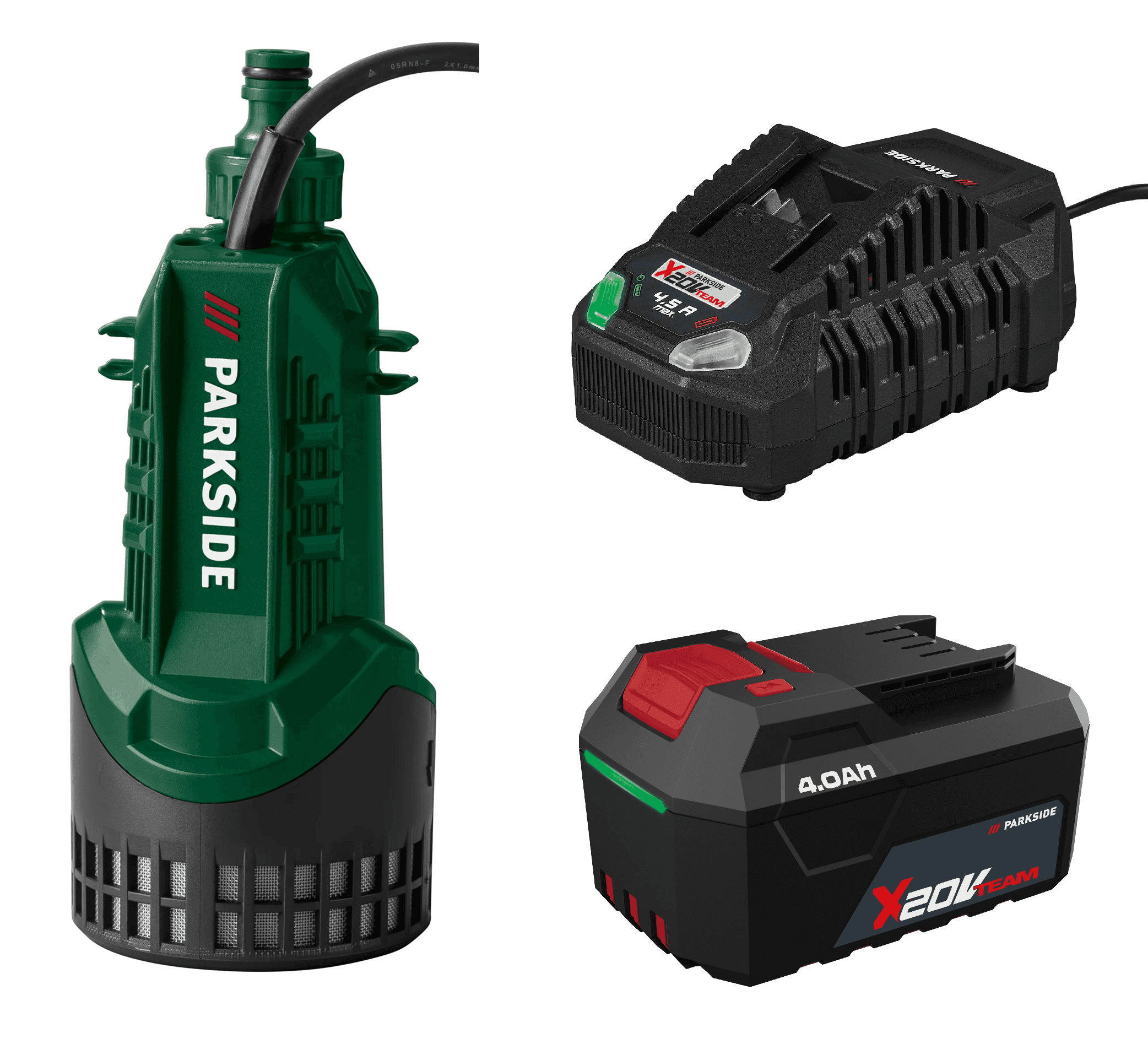 PARKSIDE® Aku čerpadlo na dažďovú vodu 20 V PRPA 20-Li B3 + Rýchlonabíjačka akumulátora 20 V/4,5 A + Akumulátor 20 V/4 Ah