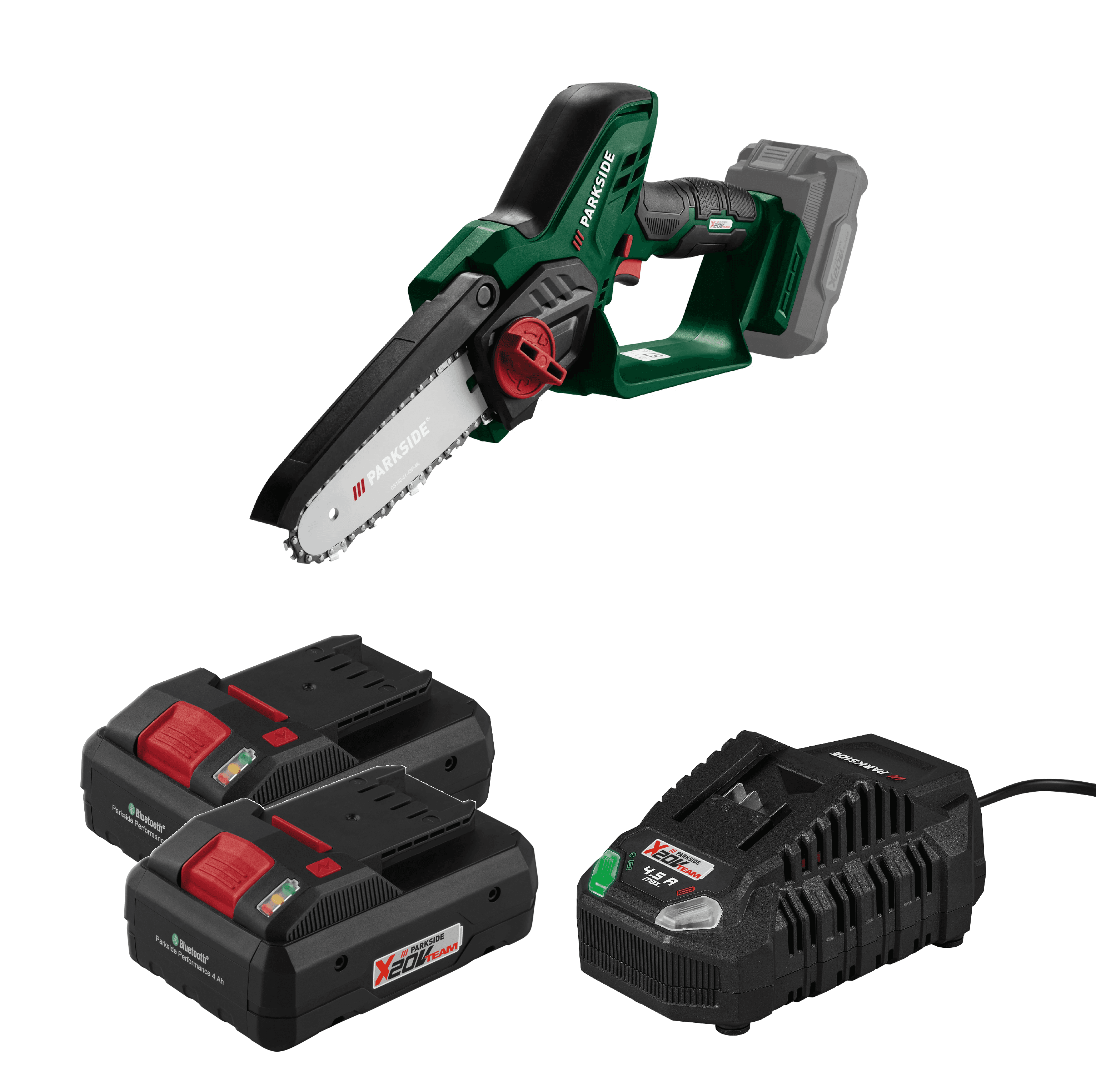 PARKSIDE® Aku reťazová píla PAGHS 20-Li C4 + Smart akumulátor 20 V/4 Ah, 2 kusy + Rýchlonabíjačka akumulátora 20 V/4,5 A 1