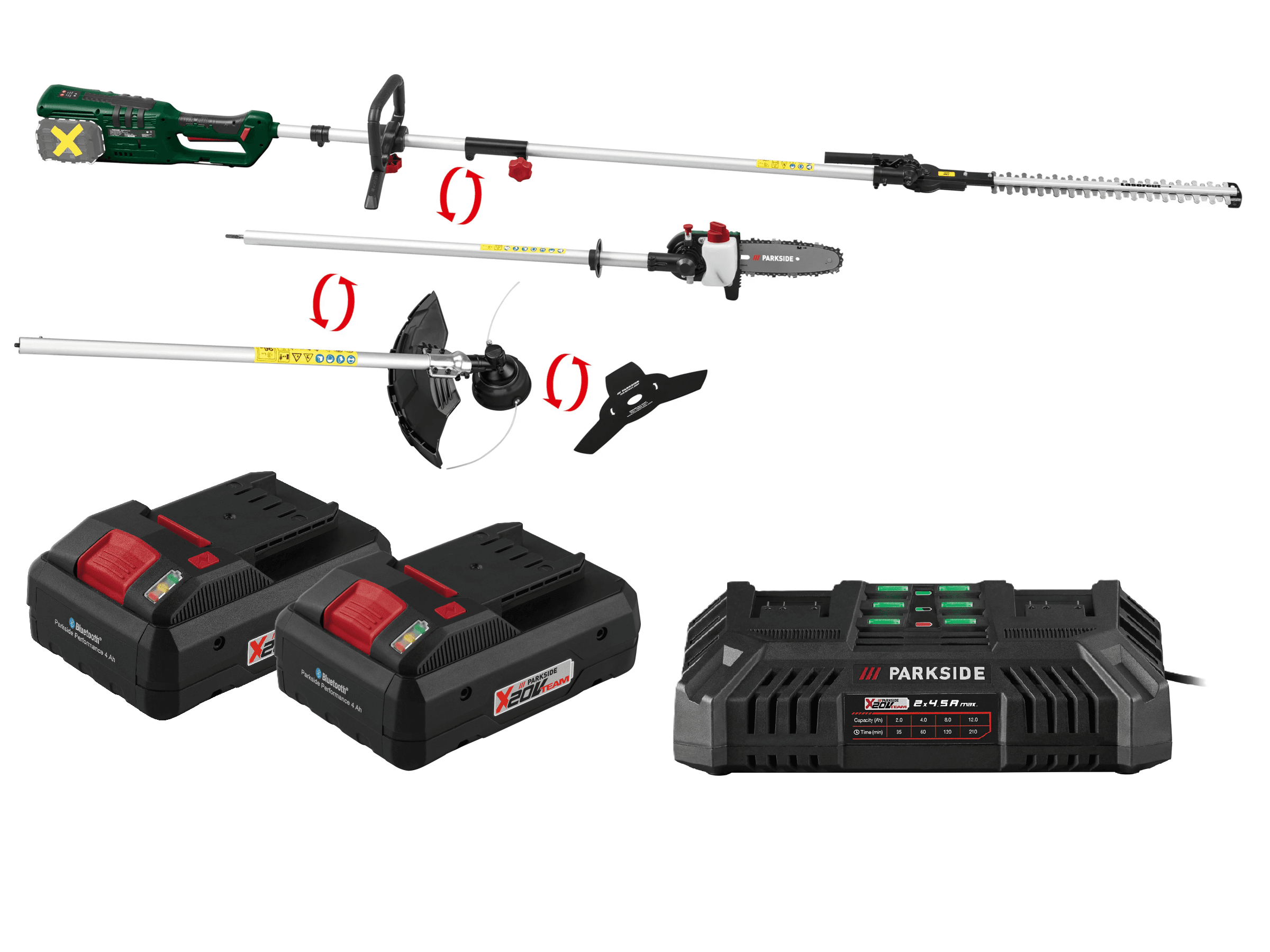 PARKSIDE® Aku záhradné kombinované náradie 40 V PAKG 40-Li A1 + Smart akumulátor 20 V/4 Ah, 2 kusy + Dvojitá nabíjačka 20 V/4,5 A 1