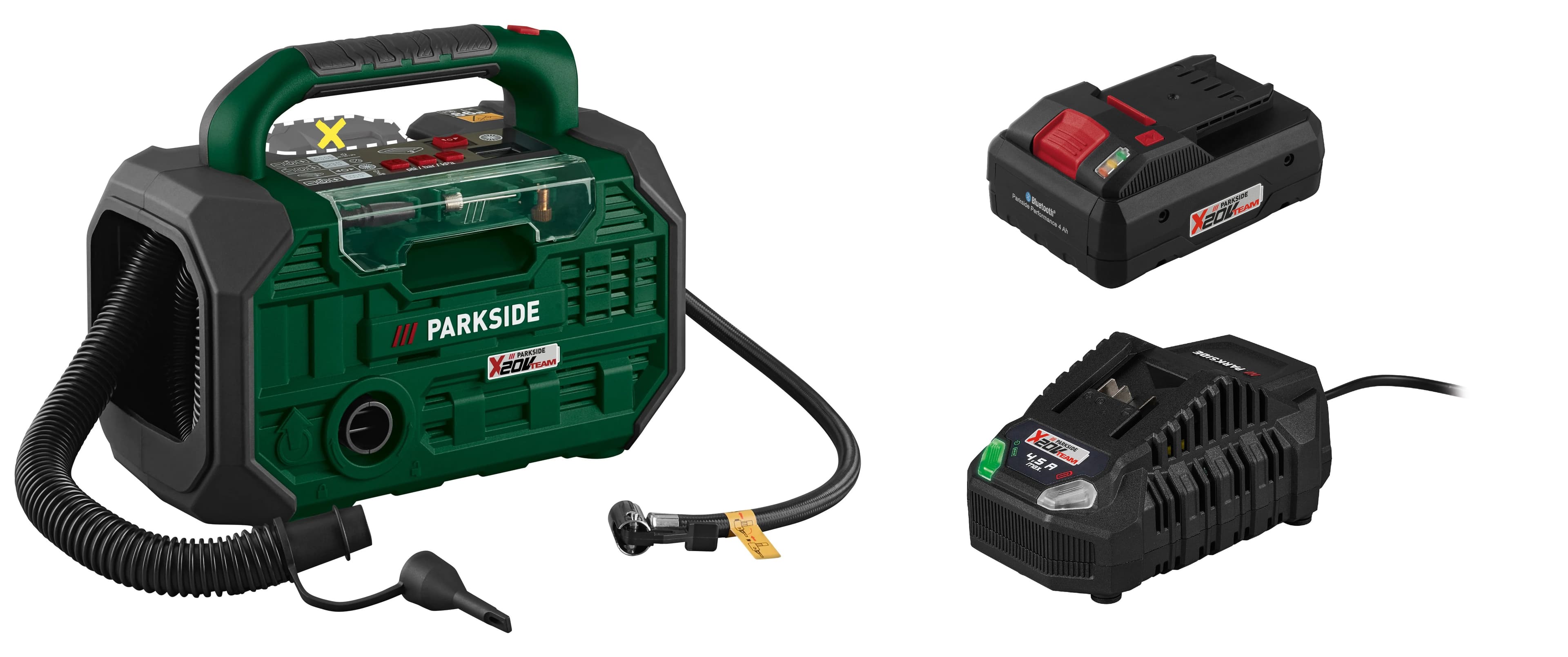 PARKSIDE® Aku kompresor a pumpa 20 V PKA 20-Li C3 + Smart akumulátor 20 V/4 Ah PAPS 204 B1 + Rýchlonabíjačka 20 V/4,5 A PLG 20 C3