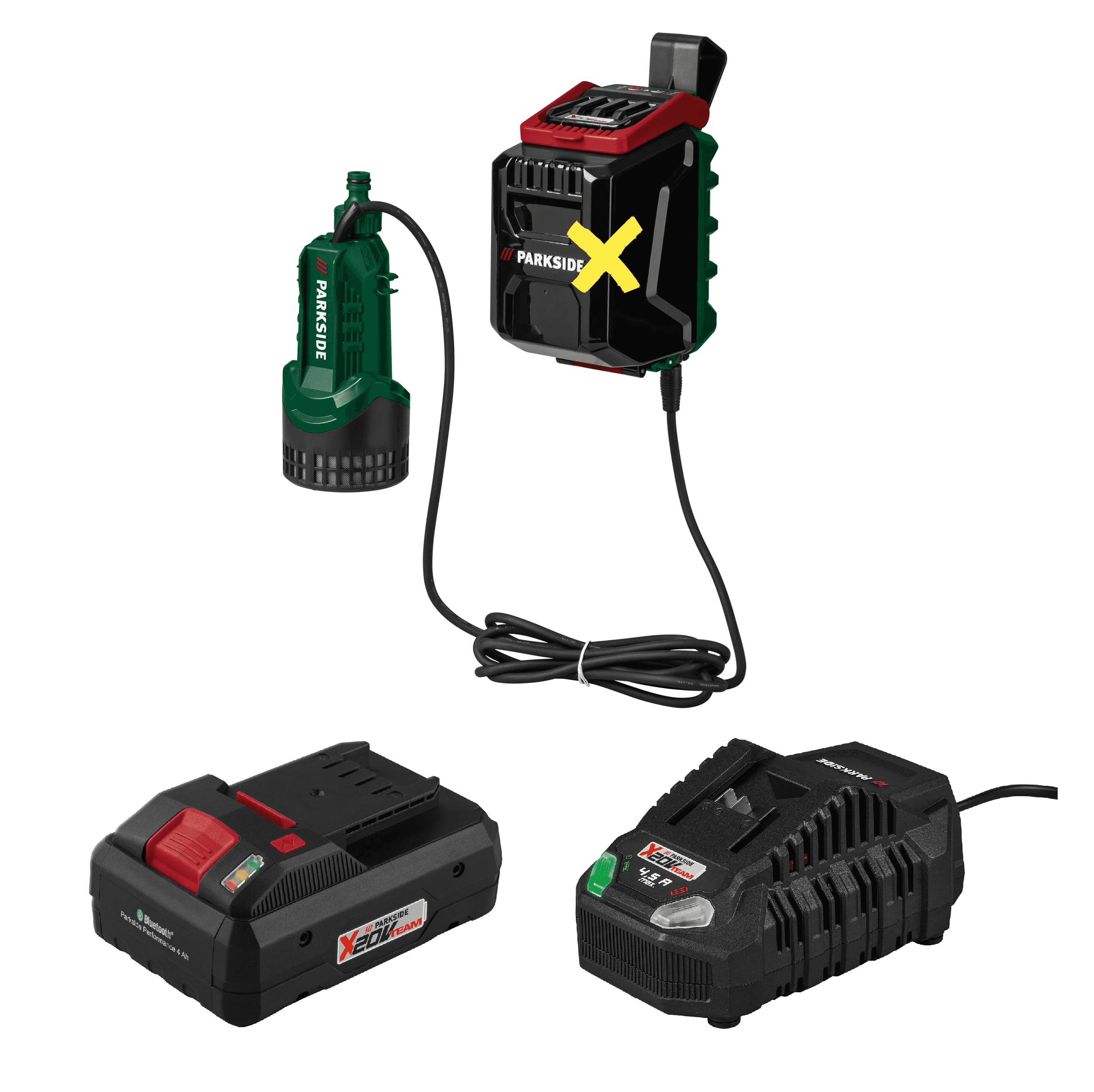 PARKSIDE® Aku čerpadlo na dažďovú vodu 20 V PRPA 20-Li B3 + Smart akumulátor 20 V/4 Ah + Rýchlonabíjačka akumulátora 20 V/4,5 A