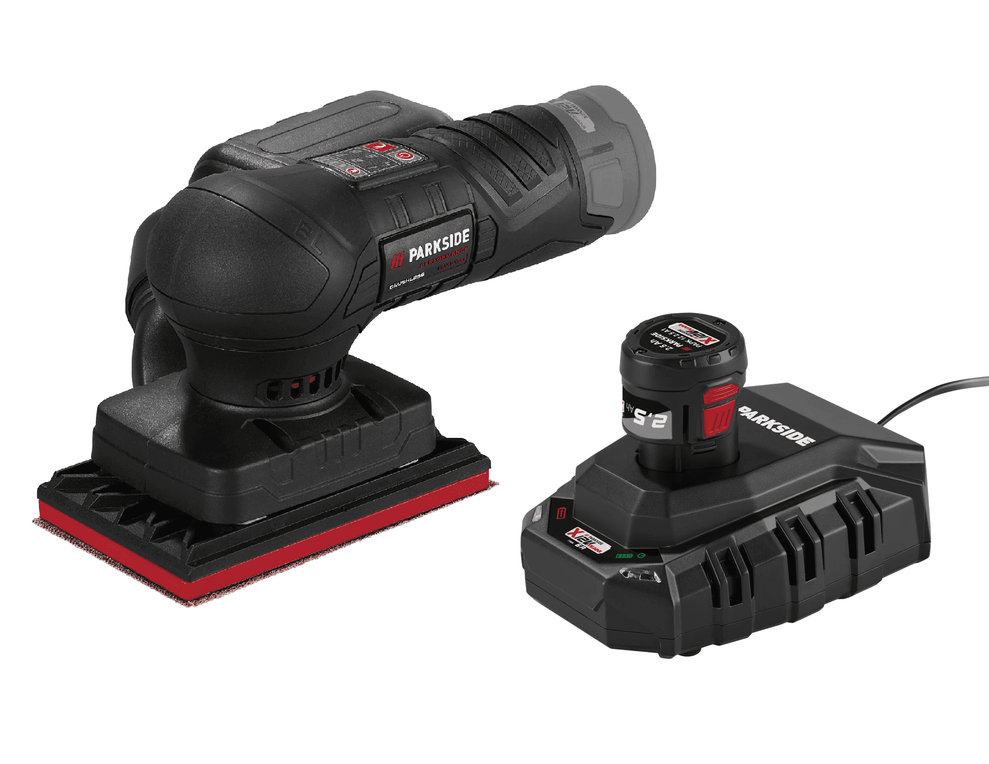 PARKSIDE PERFORMANCE® Aku vibračná brúska 12 V PASSP 12-Li A1 + Akumulátor 12 V/2,5 Ah PAPK 12 2.5 B1 + Nabíjačka 6 A PLGK 12 6.0 B1