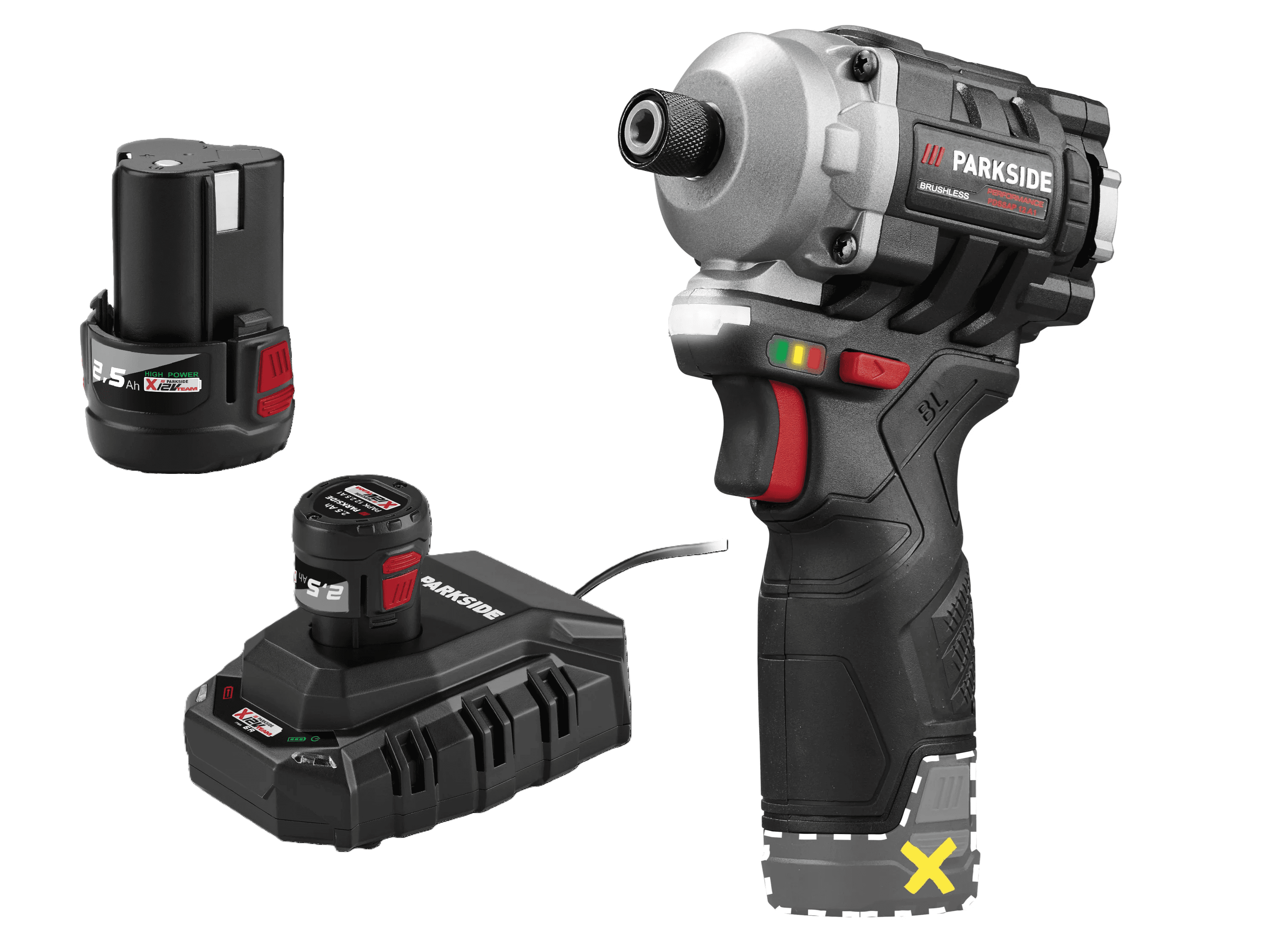 PARKSIDE PERFORMANCE® Aku rázový uťahovák 12 V PDSSAP 12 A1 + Akumulátor 12 V/2,5 Ah, 2 kusy + Nabíjačka 6 A