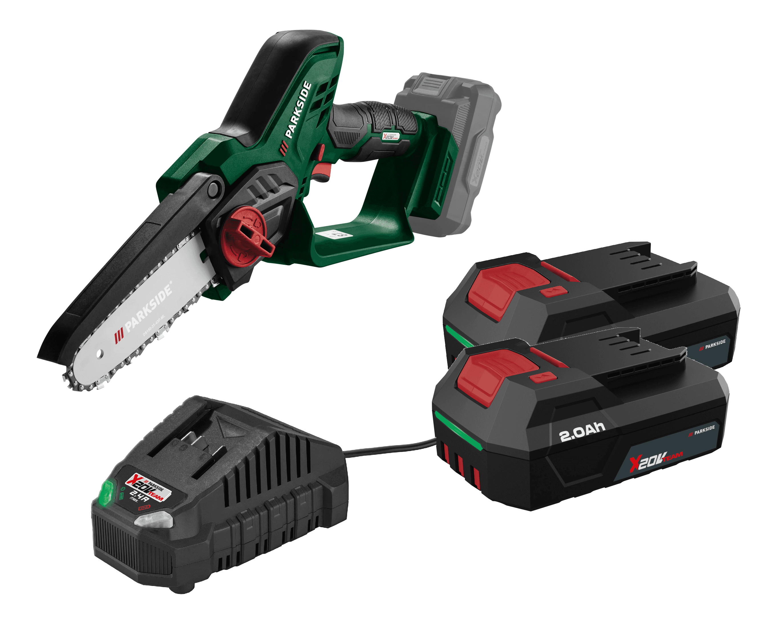PARKSIDE® Aku reťazová píla PAGHS 20-Li C4 + Akumulátor 20 V/2 Ah, 2 kusy + Nabíjačka na akumulátor 20 V/2,4 A