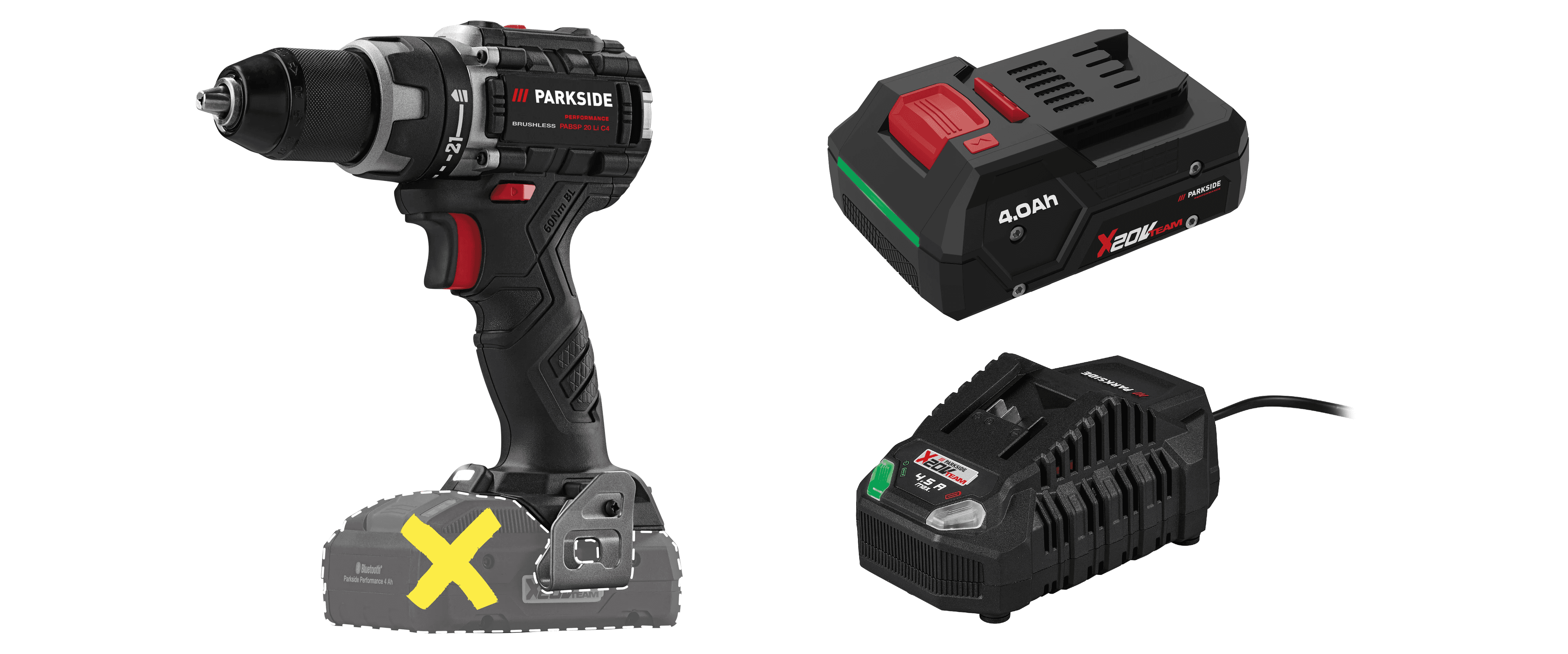 PARKSIDE® Aku vŕtací skrutkovač PABSP 20 Li C4 + Smart akumulátor 20 V/4 Ah PAPP 204 A1 + Rýchlonabíjačka 20 V/4,5 A PLG 20 C3