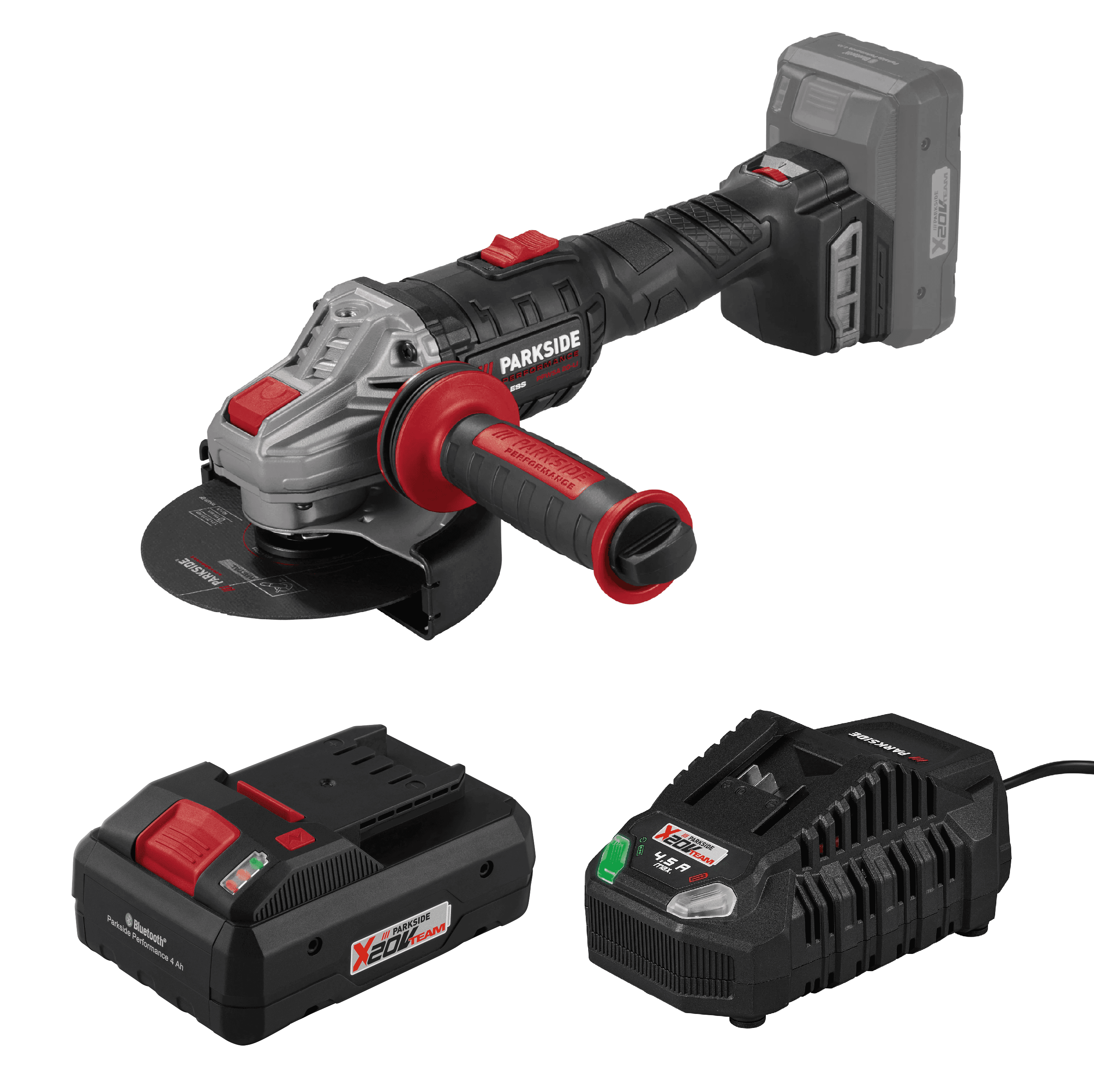 PARKSIDE PERFORMANCE® Aku uhlová brúska 20 V PPWSA 20 Li A1 + Smart akumulátor 20 V/4 Ah + Rýchlonabíjačka akumulátora 20 V/4,5 A