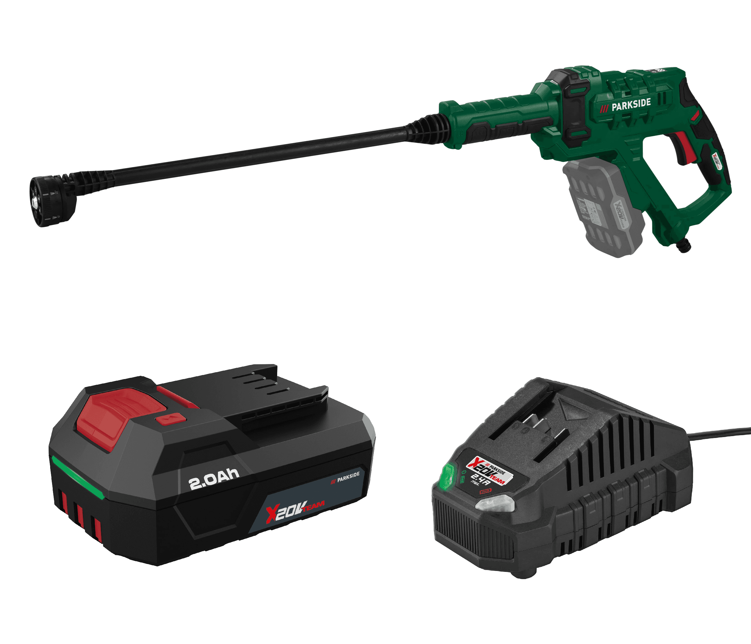 PARKSIDE® Aku tlakový čistič 20 V PDRA 20-Li D4 + Akumulátor 20 V/2 Ah PAP 202 A1 + Nabíjačka na akumulátor 20 V/2,4 A PLG 20 C1