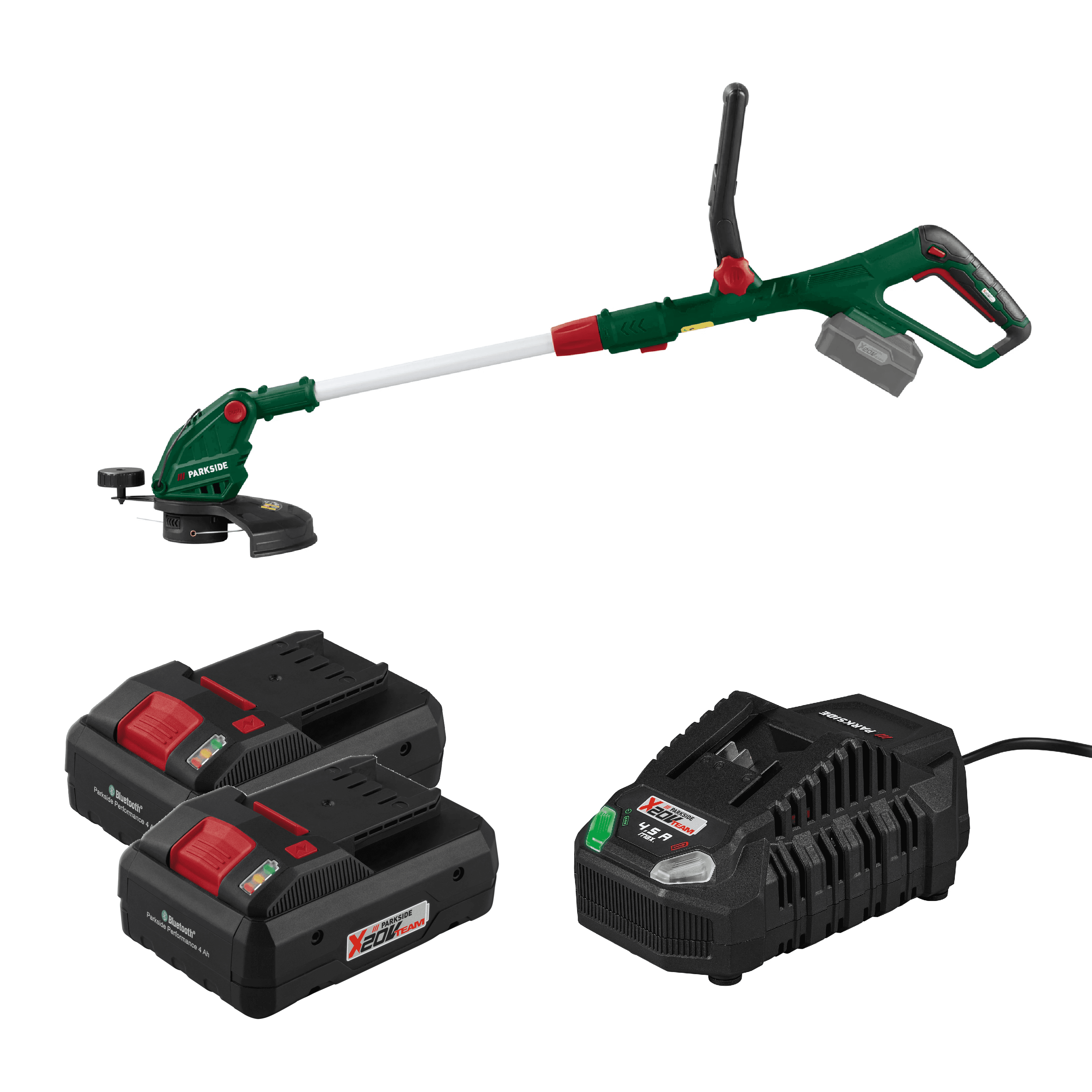 PARKSIDE® Aku strunová kosačka 20 V PRTA 20-Li D3 + Smart akumulátor 20 V/4 Ah, 2 kusy + Rýchlonabíjačka akumulátora 20 V/4,5 A