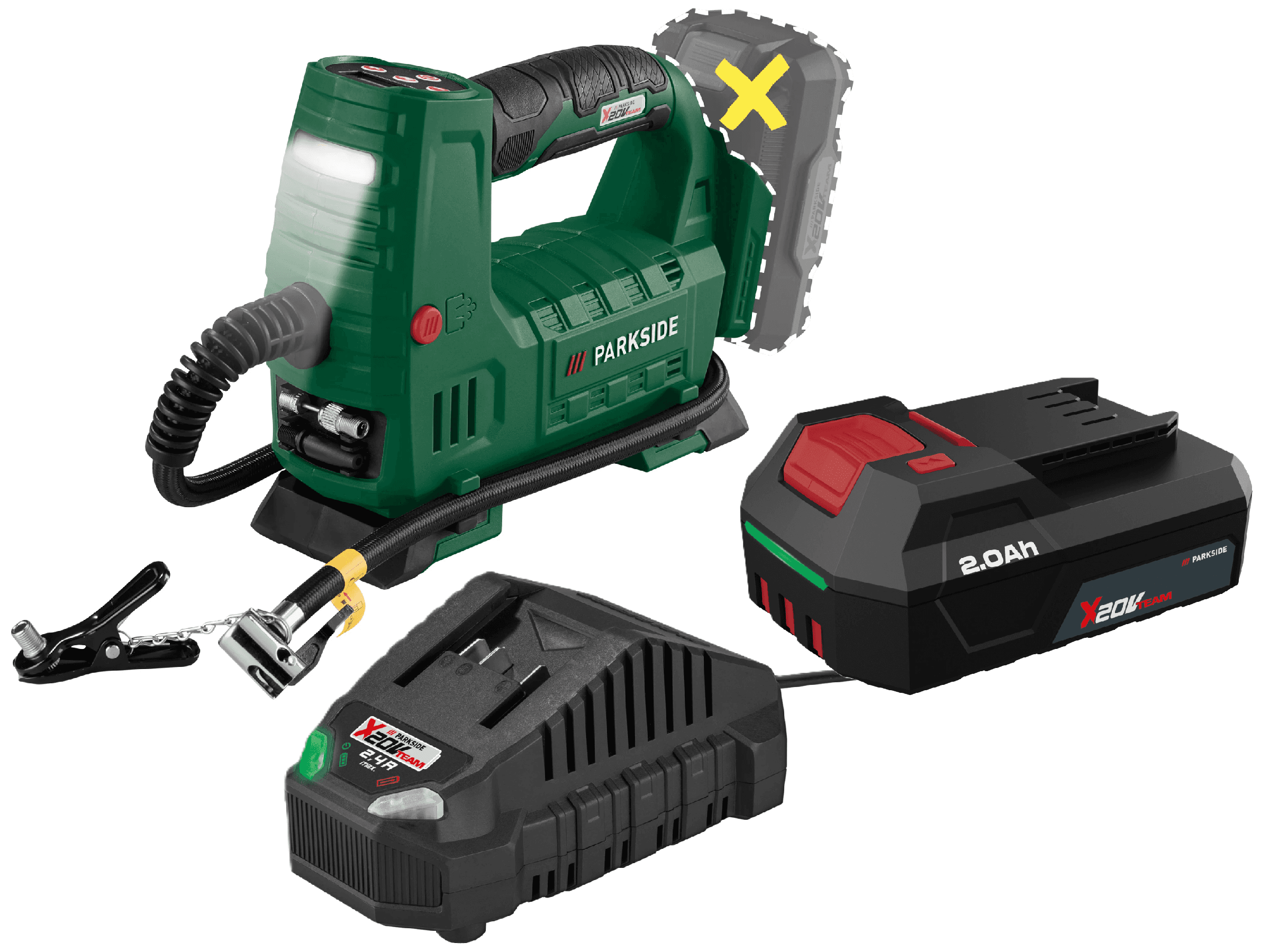 PARKSIDE® Aku kompresor 20 V PAKT 20-Li A1 + Akumulátor 20 V/2 Ah + Nabíjačka 20 V/2,4 A 1