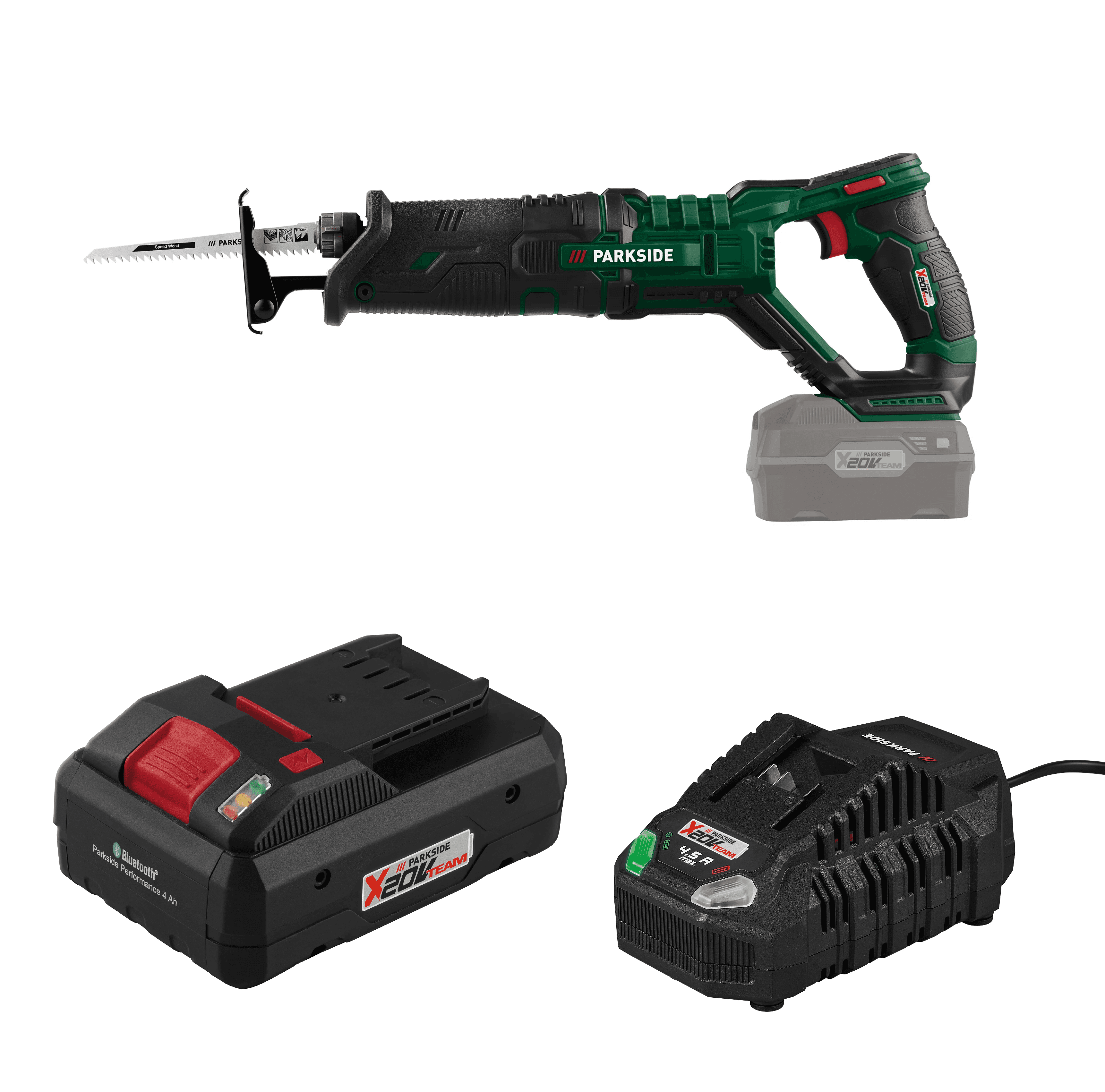 PARKSIDE® Aku chvostová píla 20 V PSSA 20-Li B2 + Smart akumulátor 20 V/4 Ah + Rýchlonabíjačka akumulátora 20 V/4,5 A