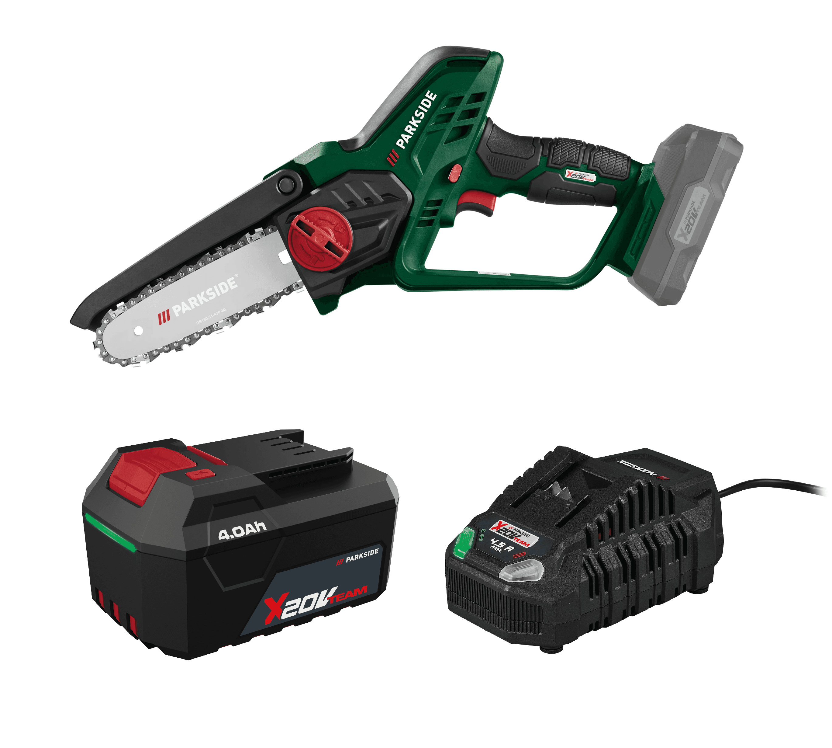 PARKSIDE® Aku reťazová píla PAGHS 20-Li C4 + Rýchlonabíjačka akumulátora 20 V/4,5 A PLG 20 C3 + Akumulátor 20 V/4 Ah PAP 204 A1