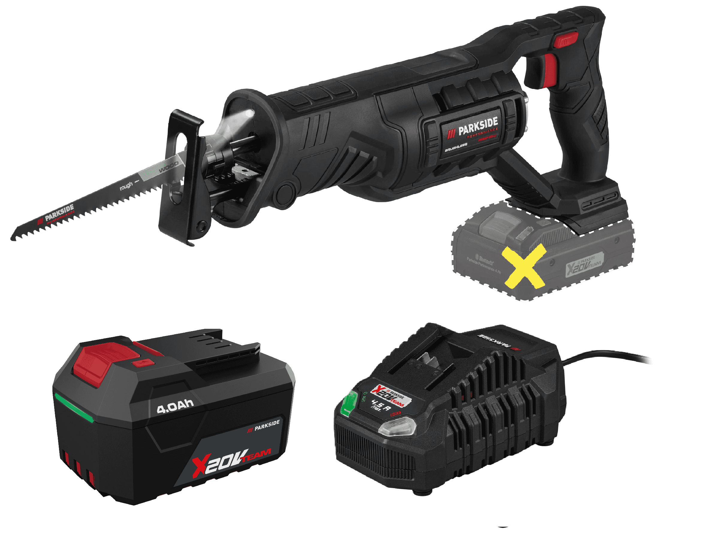 PARKSIDE® Aku chvostová píla 20 V PSSAP 20-Li E6 + Akumulátor 20 V/4 Ah + Rýchlonabíjačka 20 V/4,5 A 1