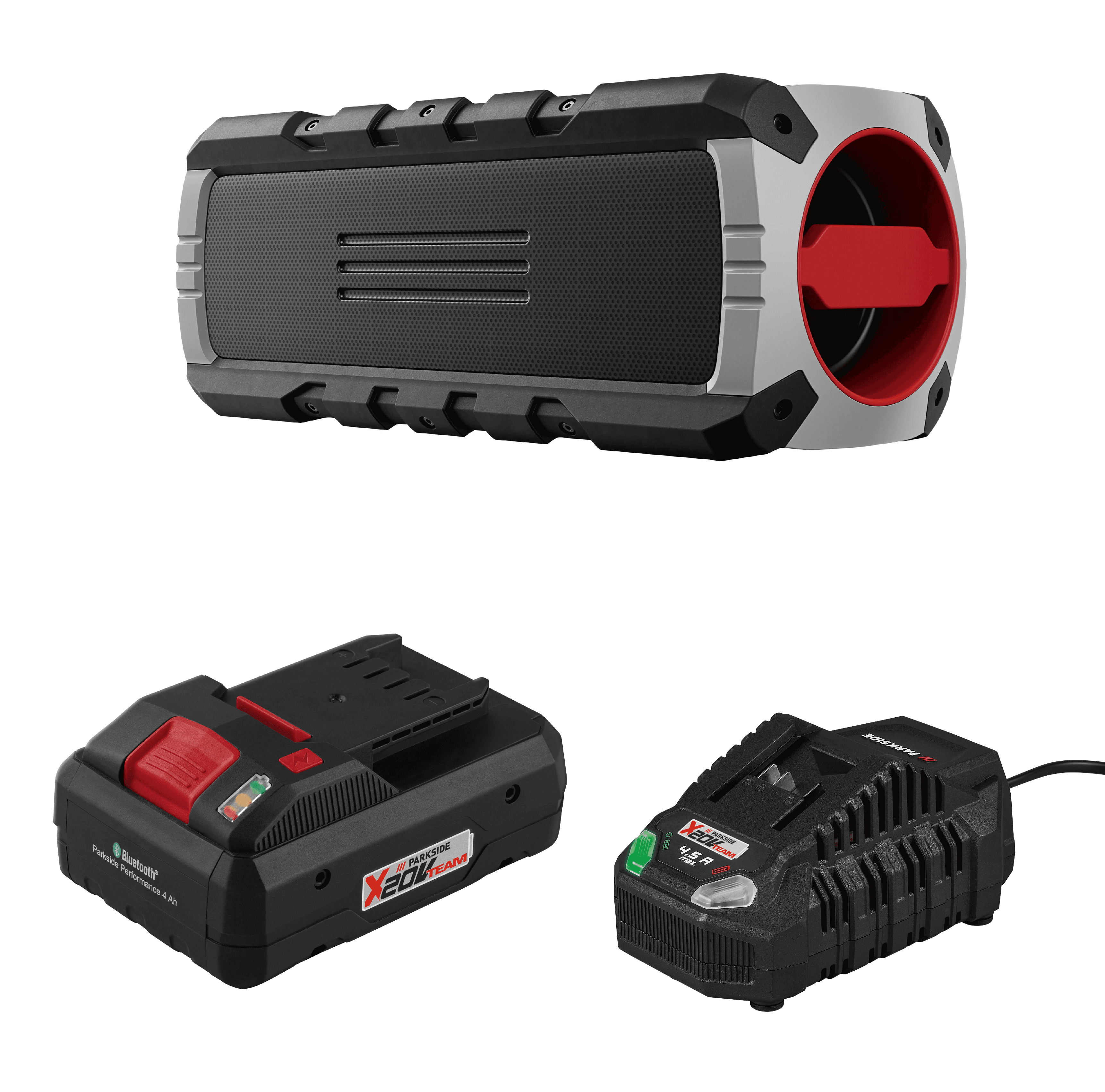 PARKSIDE PERFORMANCE® Stavebný Bluetooth® reproduktor PBL 40 A1 + Smart akumulátor 20 V/4 Ah + Rýchlonabíjačka akumulátora 20 V/4,5 A