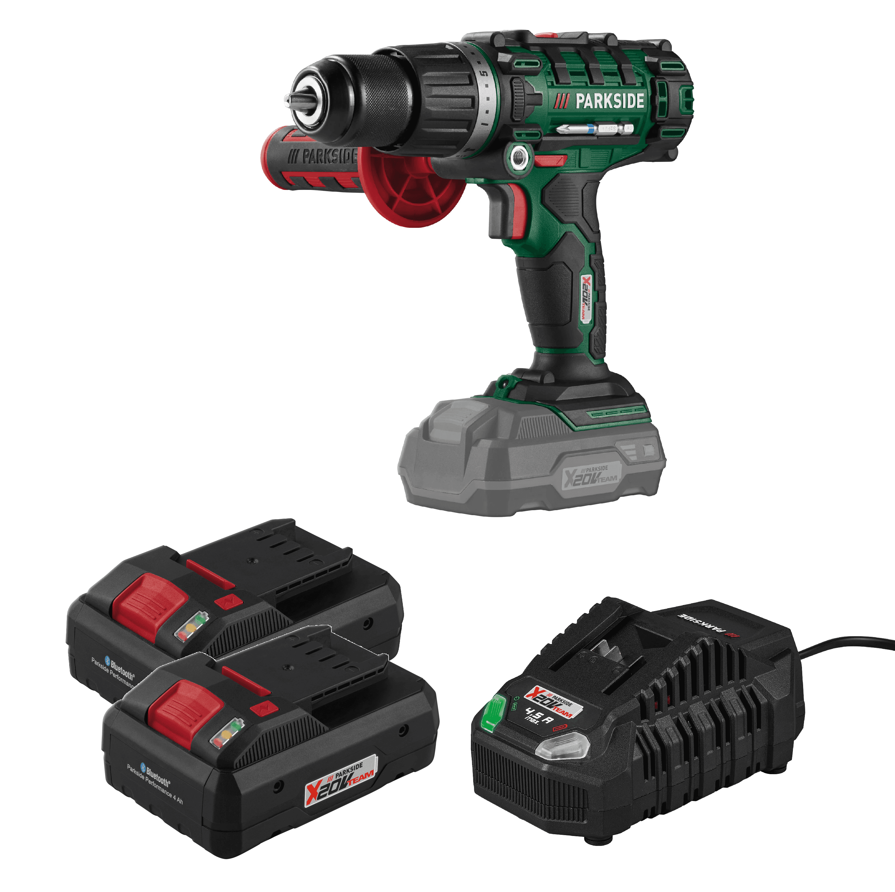 PARKSIDE® Aku príklepový vŕtací skrutkovač 20 V + Smart akumulátor 20 V/4 Ah, 2 kusy + Rýchlonabíjačka akumulátora 20 V/4,5 A 1