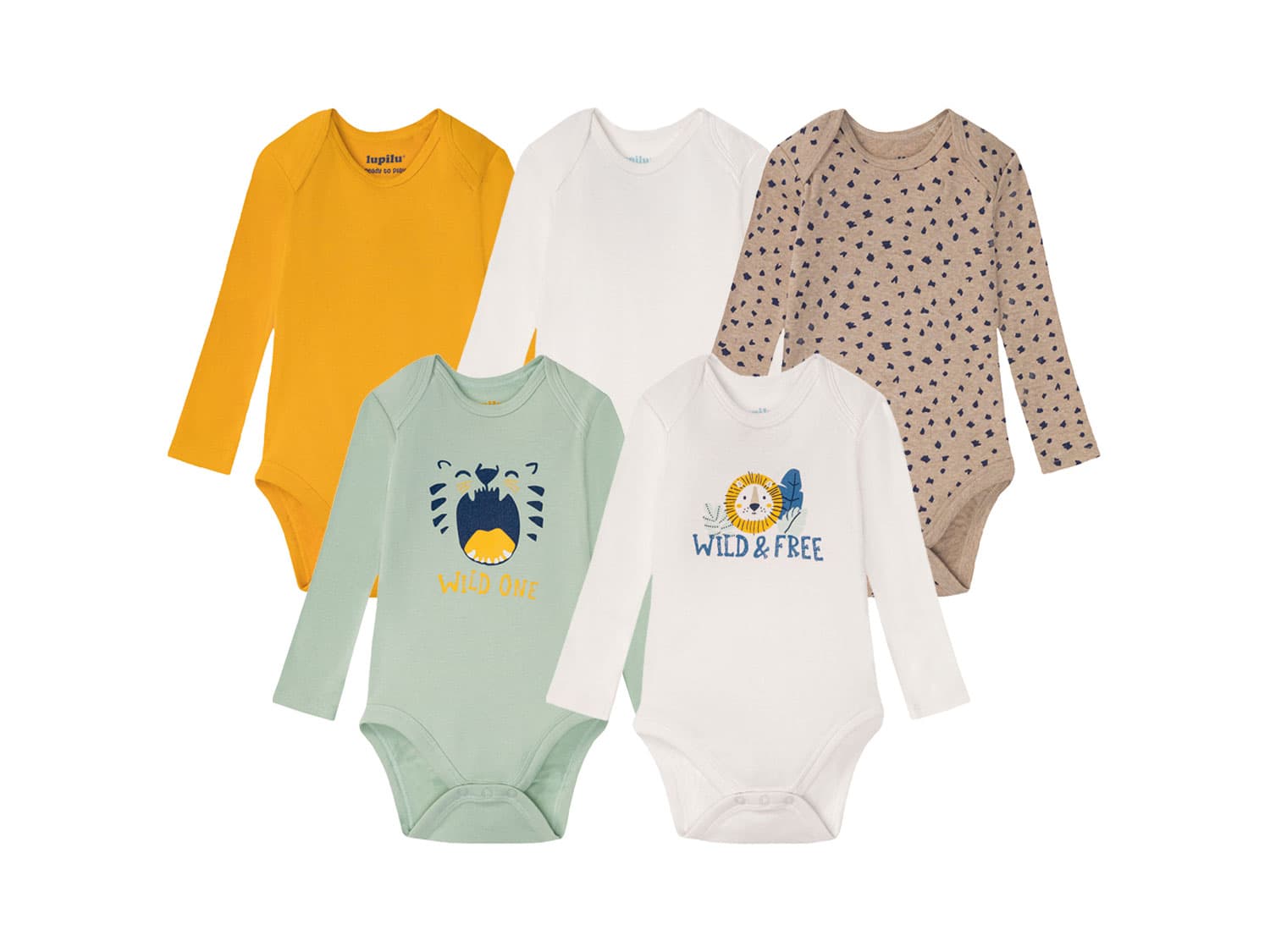 lupilu® Chlapčenské body pre bábätká s dlhým rukávom BIO, 5 kusov (50/56, mentolová/biela/žltá/béžová)