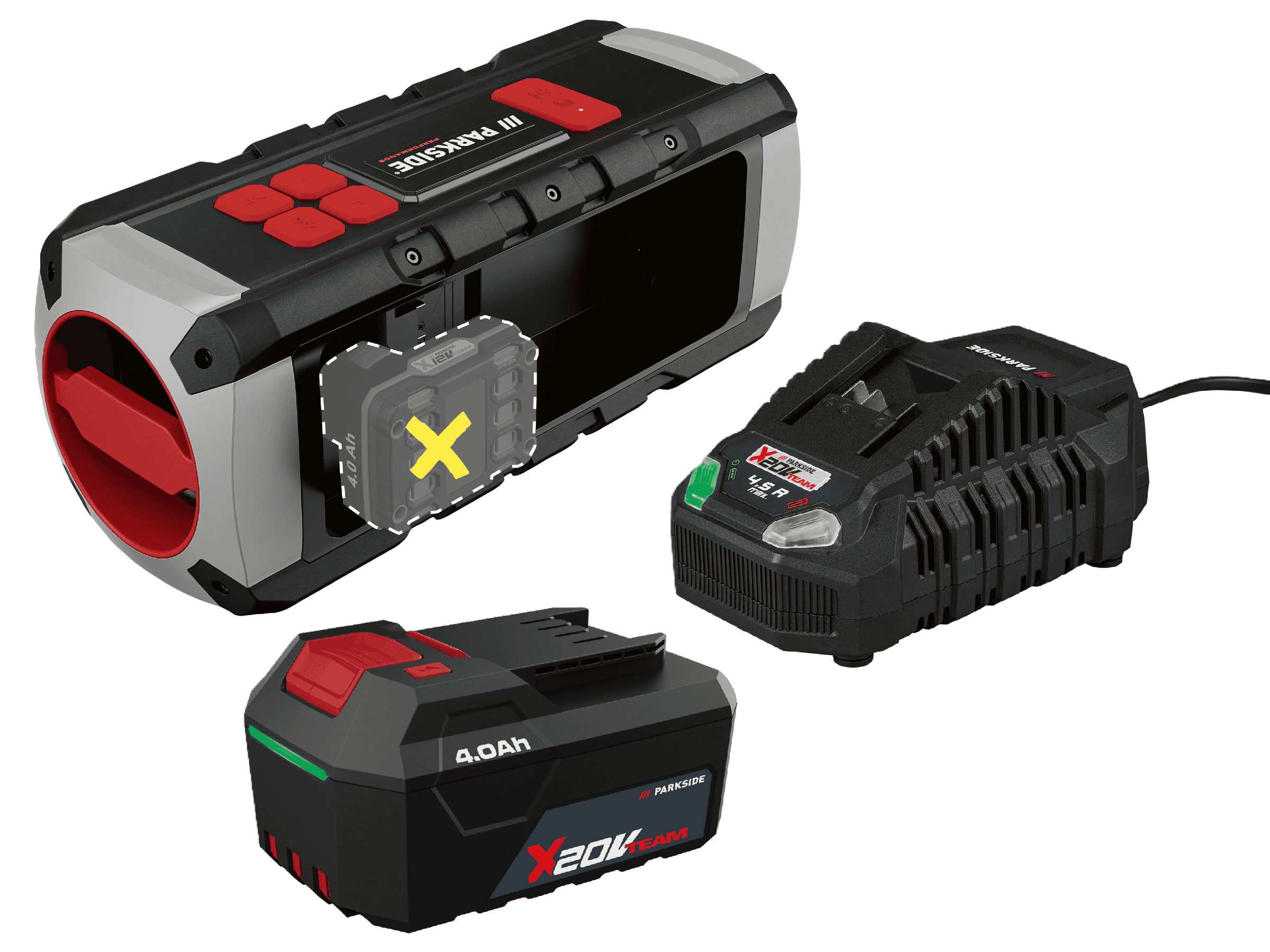 PARKSIDE PERFORMANCE® Stavebný Bluetooth® reproduktor PBL 40 A1 + Akumulátor 20 V/4 Ah + Rýchlonabíjačka 20 V/4,5 A