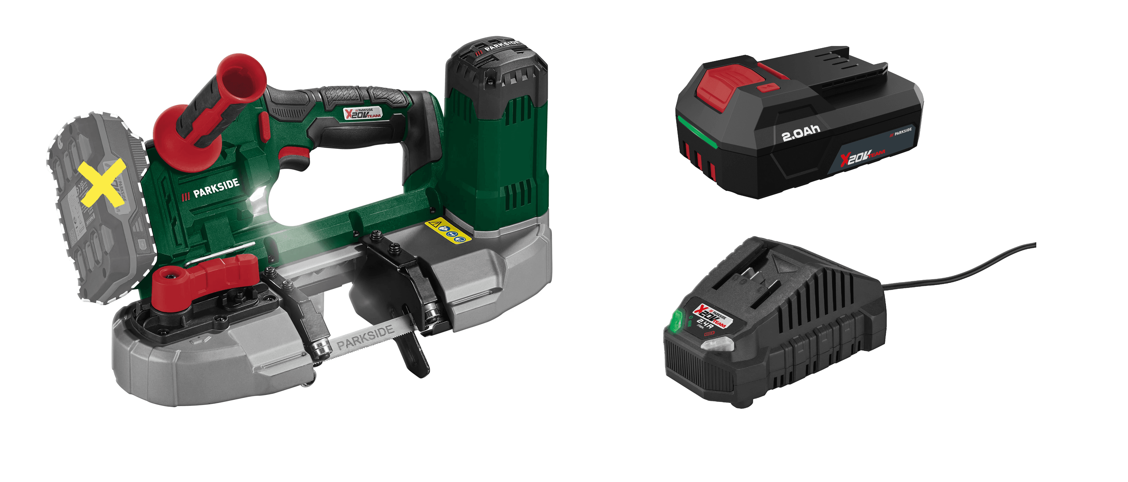 PARKSIDE® Aku pásová píla 20 V PMBA 20-Li A1 + Akumulátor 20 V/2 Ah PAP 202 A1 + Nabíjačka na akumulátor 20 V/2,4 A PLG 20 C1
