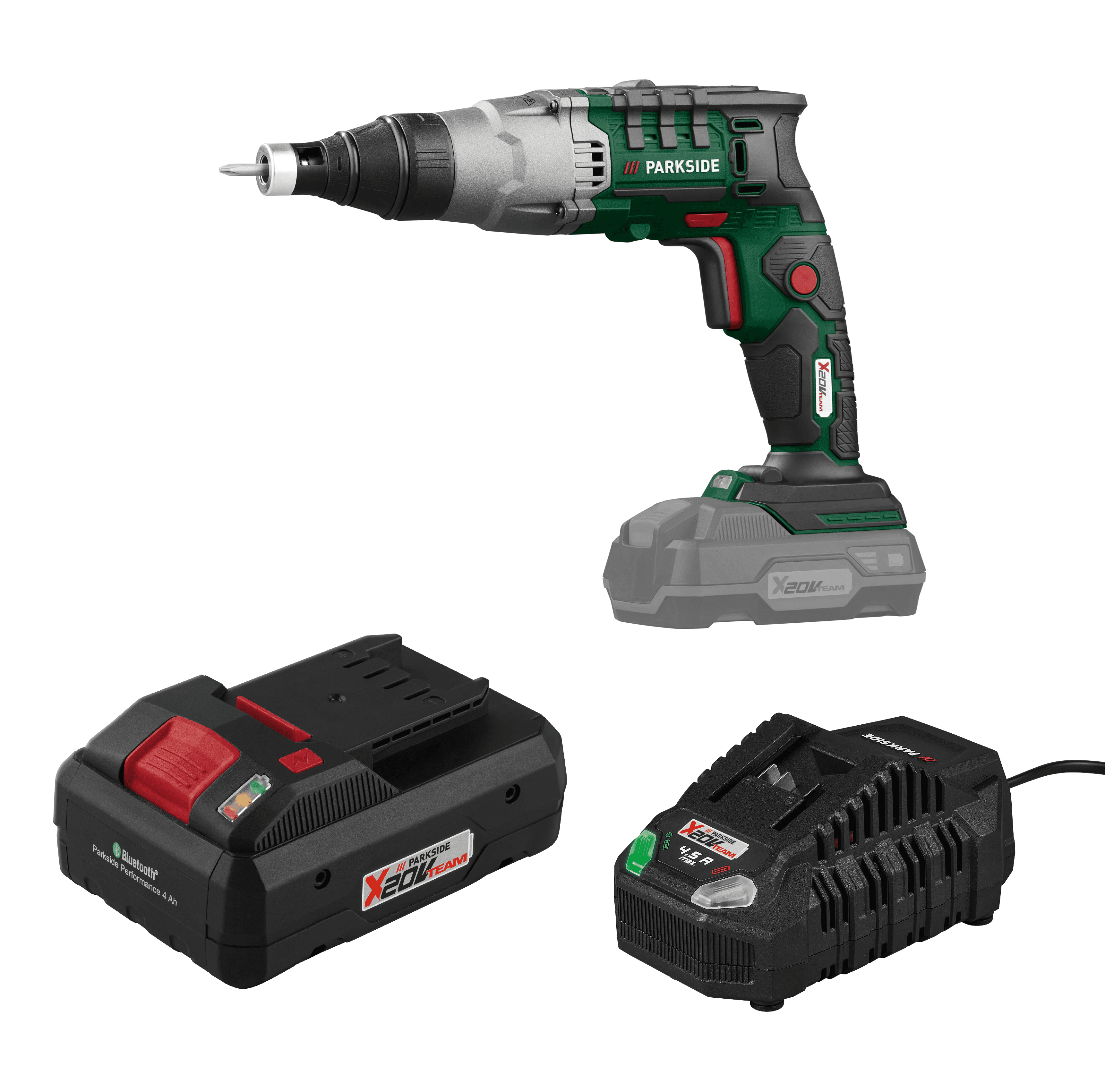 PARKSIDE® Aku skrutkovač na sadrokartón PTBSA 20-Li B2 + Smart akumulátor 20 V/4 Ah + Rýchlonabíjačka akumulátora 20 V/4,5 A