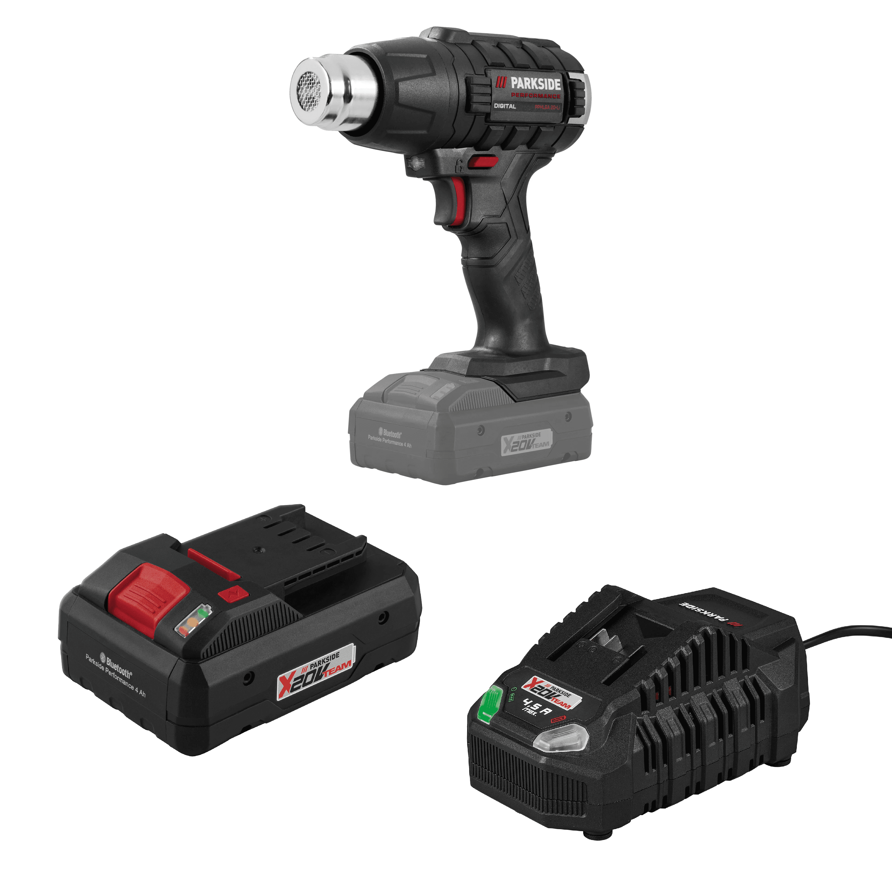 PARKSIDE PERFORMANCE® Aku teplovzdušná pištoľ PPHLGA 20-Li B3 + Smart akumulátor 20 V/4 Ah + Rýchlonabíjačka akumulátora 20 V/4,5 A