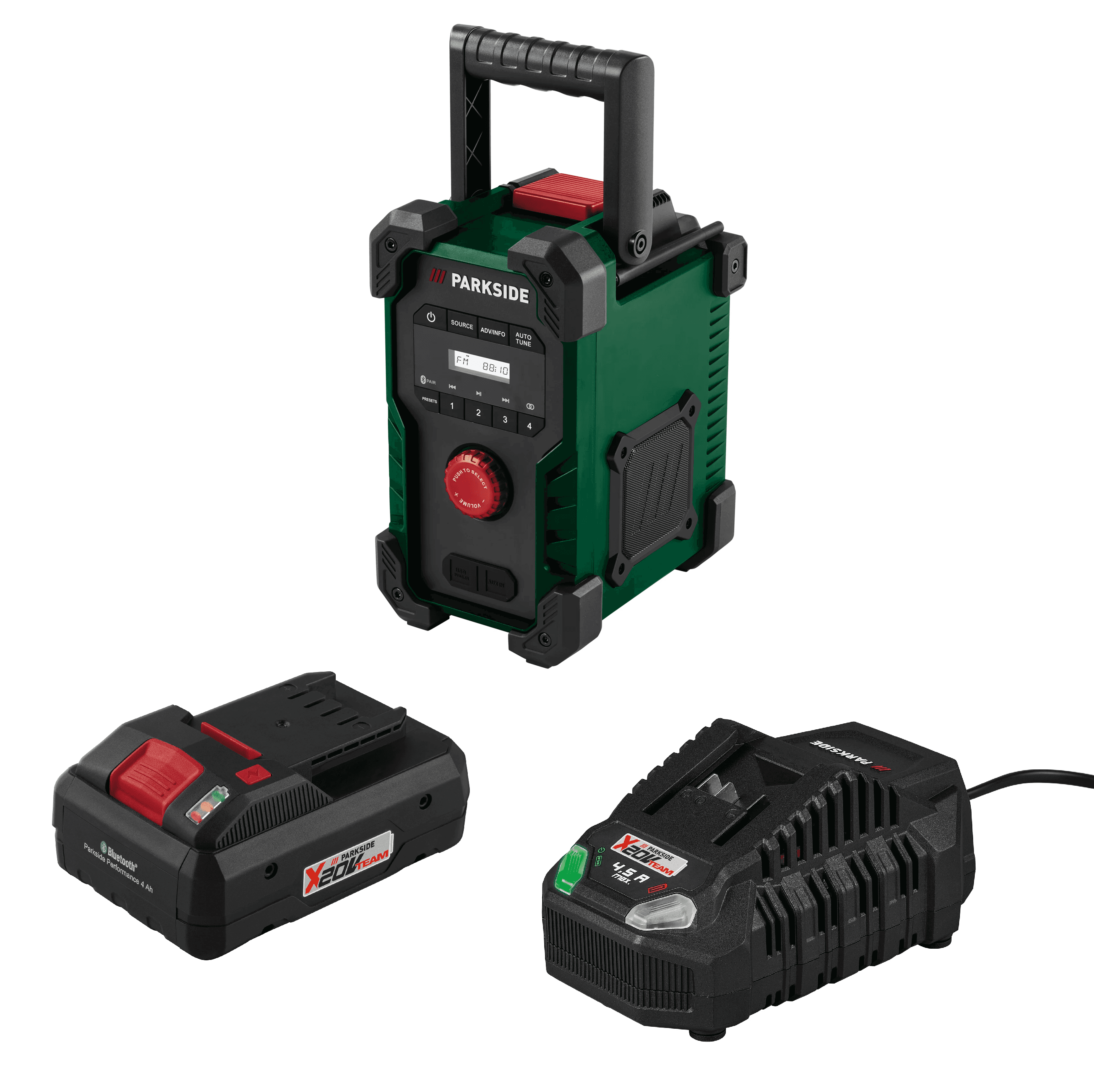 PARKSIDE® Aku stavebné rádio 20 V/12 V PBR F10 A1 + Smart akumulátor 20 V/4 Ah + Rýchlonabíjačka akumulátora 20 V/4,5 A