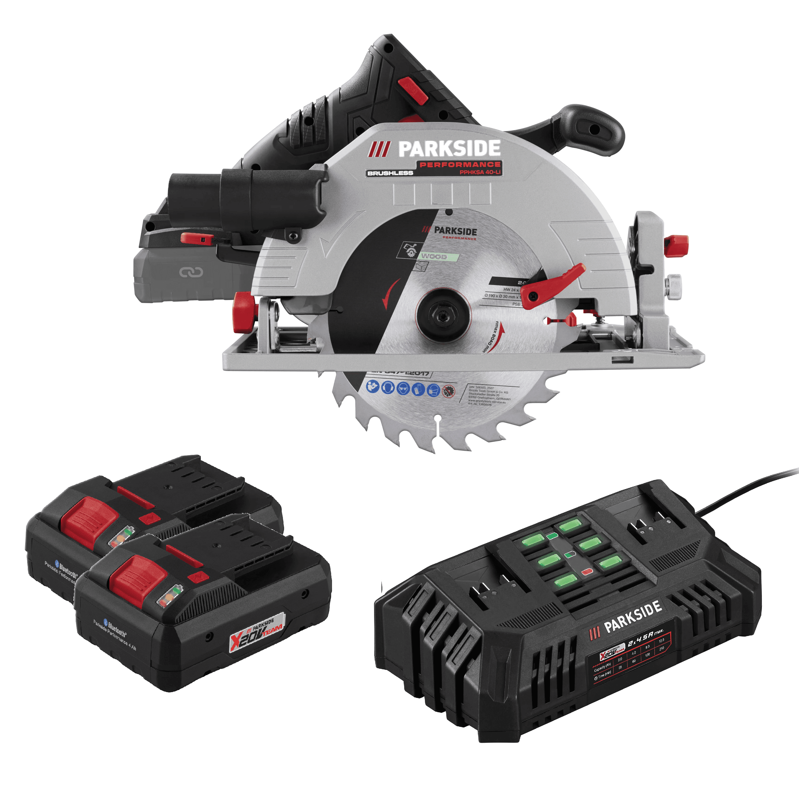 PARKSIDE PERFORMANCE® Aku ručná kotúčová píla 40 V + Smart akumulátor 20 V/4 Ah, 2 kusy + Dvojitá nabíjačka na akumulátor 20 V/4,5 A