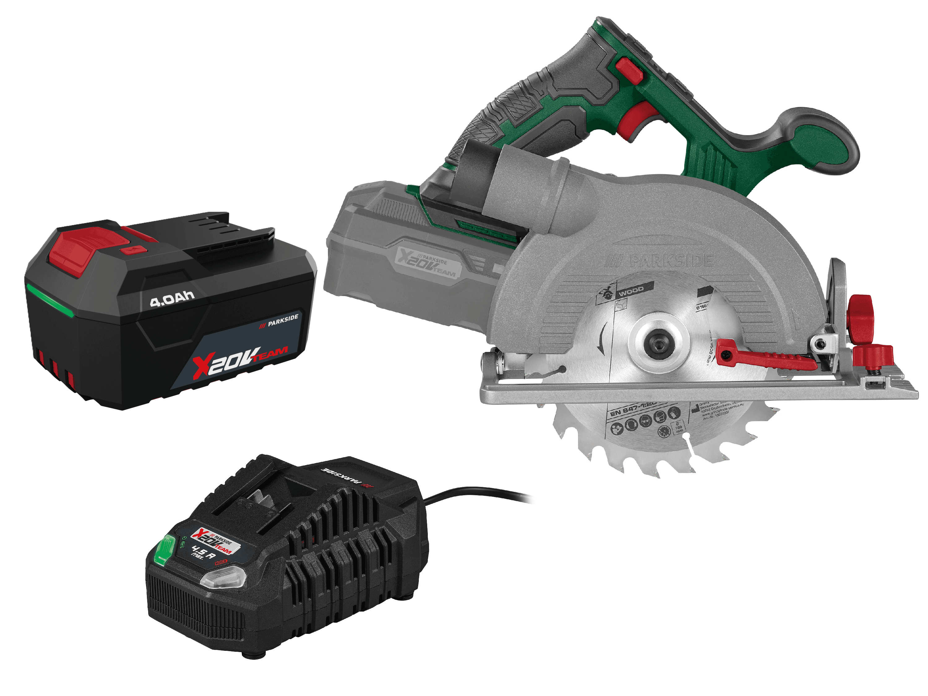 PARKSIDE® Aku ručná kotúčová píla 20 V PHKSA 20-Li C4 + Akumulátor 20 V/4 Ah + Rýchlonabíjačka 20 V/4,5 A