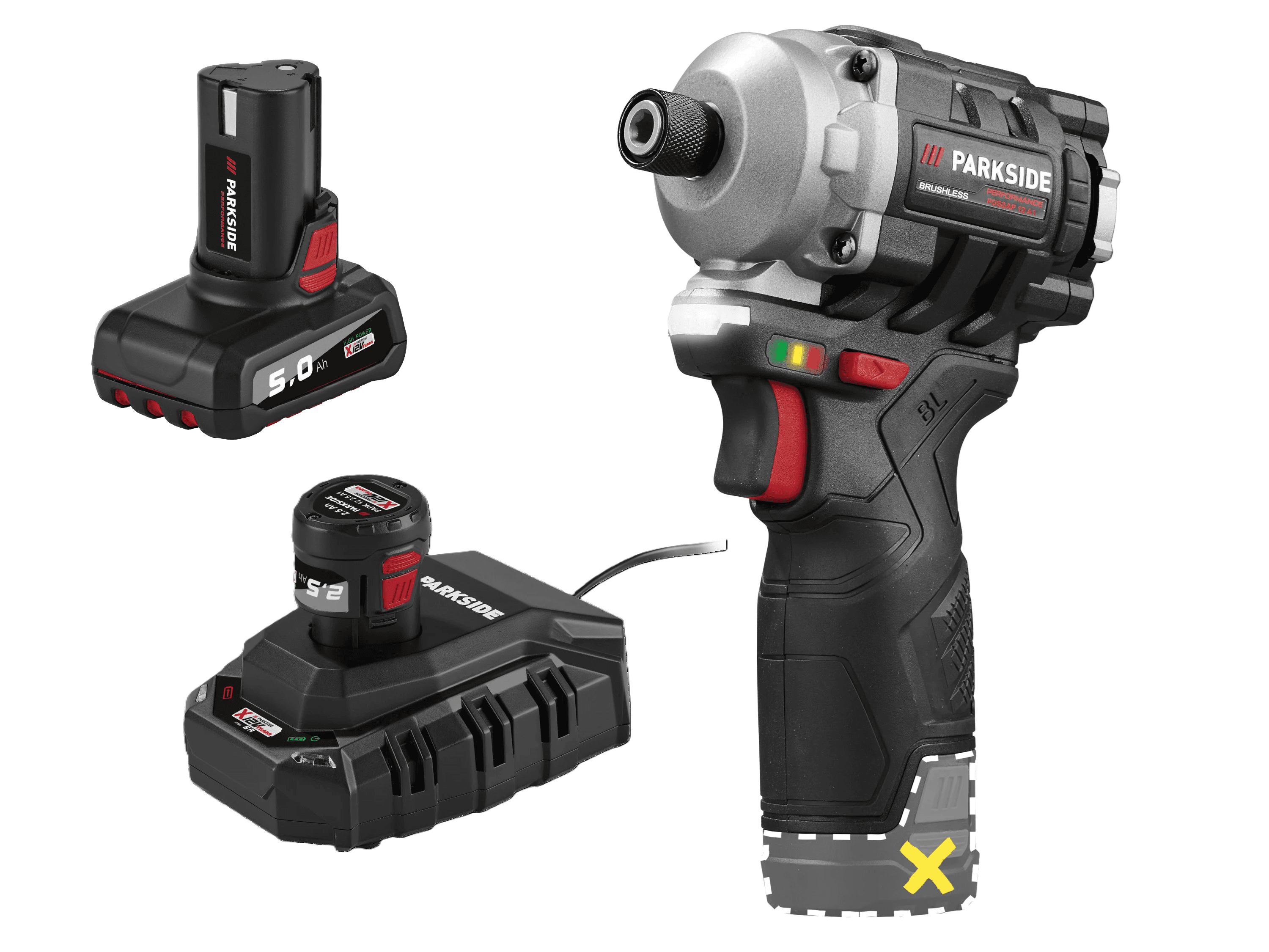 PARKSIDE PERFORMANCE® Aku rázový uťahovák 12 V PDSSAP 12 A1 + Akumulátor 12 V/2,5 Ah + Akumulátor 12 V/5 Ah + Nabíjačka 6 A