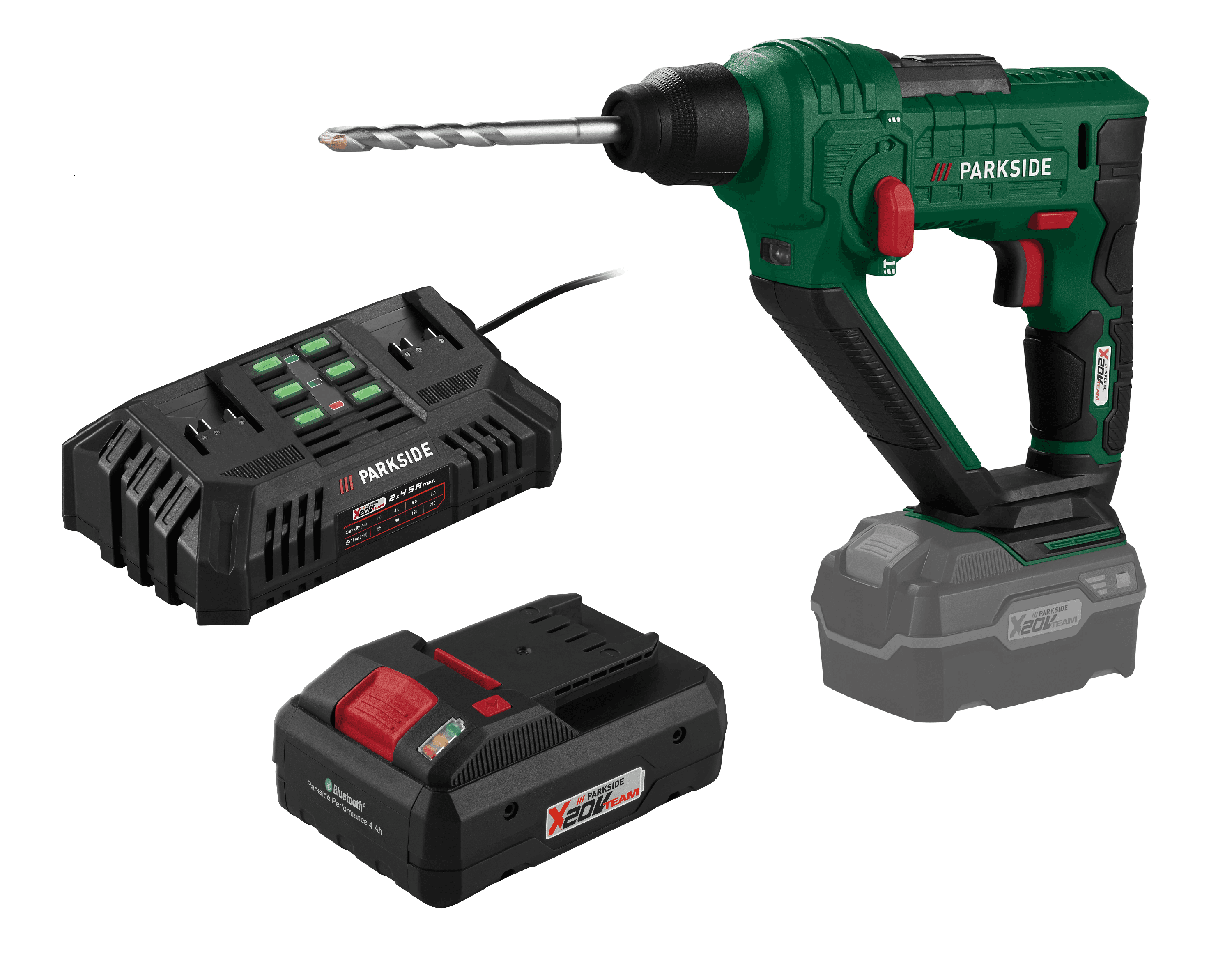 PARKSIDE® Aku vŕtacie kladivo PABH 20-Li D4 + Smart akumulátor 20 V/4 Ah + Dvojitá nabíjačka na akumulátor 20 V/2x 4,5 A