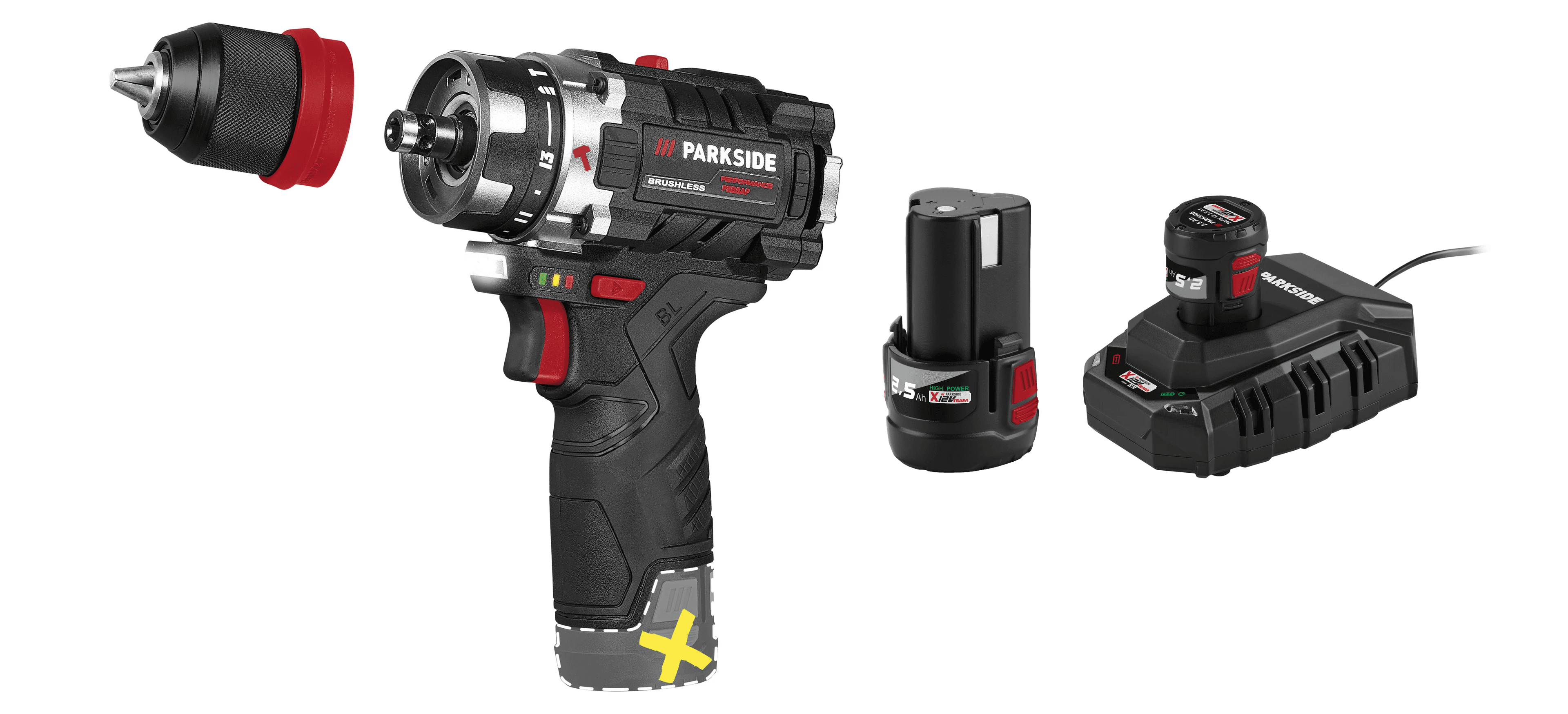 PARKSIDE PERFORMANCE® Aku príklepová vŕtačka 12 V PSBSAP 12 A1 + Akumulátor 12 V/2,5 Ah PAPK 12 2.5 B1, 2 kusy + Nabíjačka 6 A PLGK 12 6.0 B1