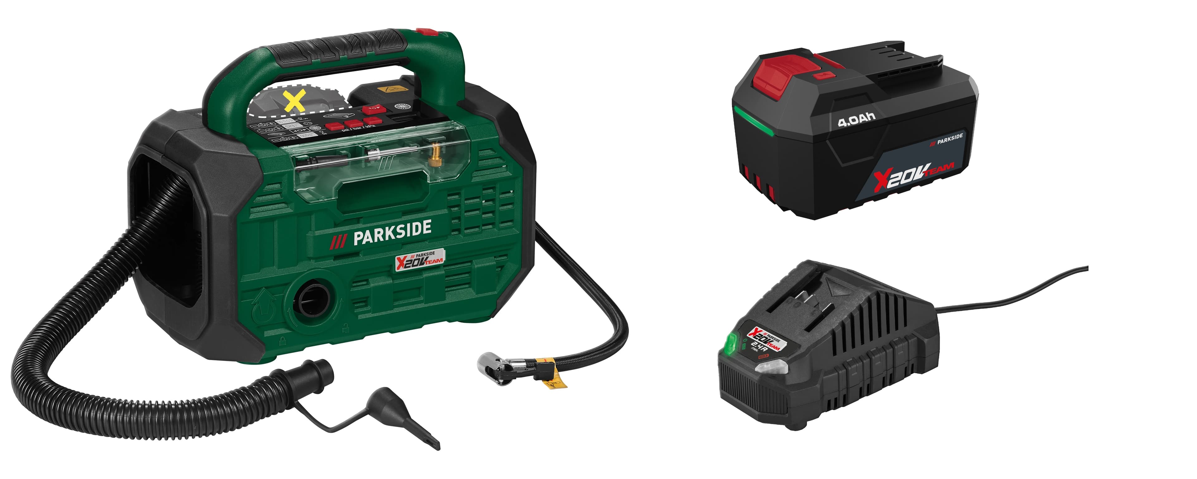PARKSIDE® Aku kompresor a pumpa PKA 20-Li D3 + Akumulátor 20 V/4 Ah PAP 204 A1 + Nabíjačka na akumulátor 20 V/2,4 A PLG 20 C1