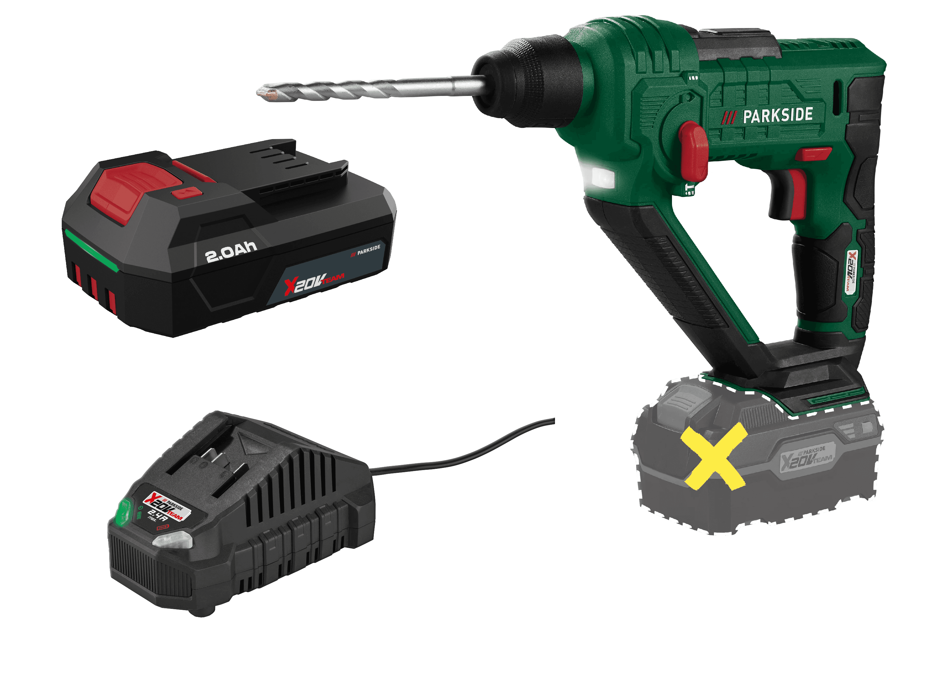 PARKSIDE® Aku vŕtacie kladivo PABH 20-Li D4 + Akumulátor 20 V/2 Ah + Nabíjačka 20 V/2,4 A