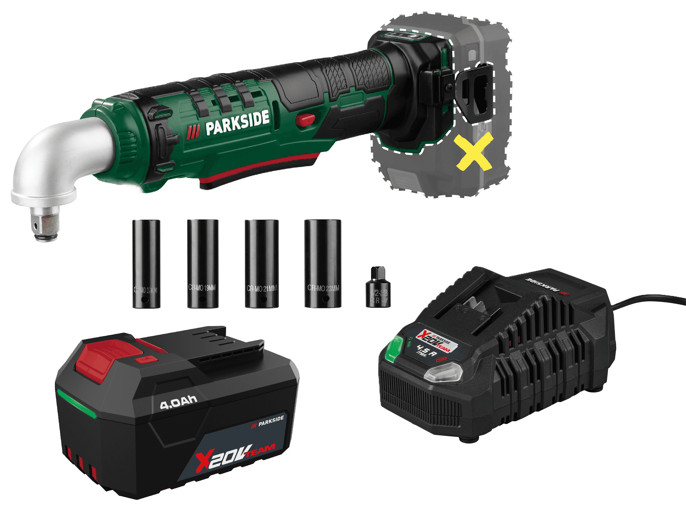 PARKSIDE® Aku uhlový rázový uťahovák 20 V PAWS 20 A1 + Akumulátor 20 V/4 Ah + Rýchlonabíjačka 20 V/4,5 A