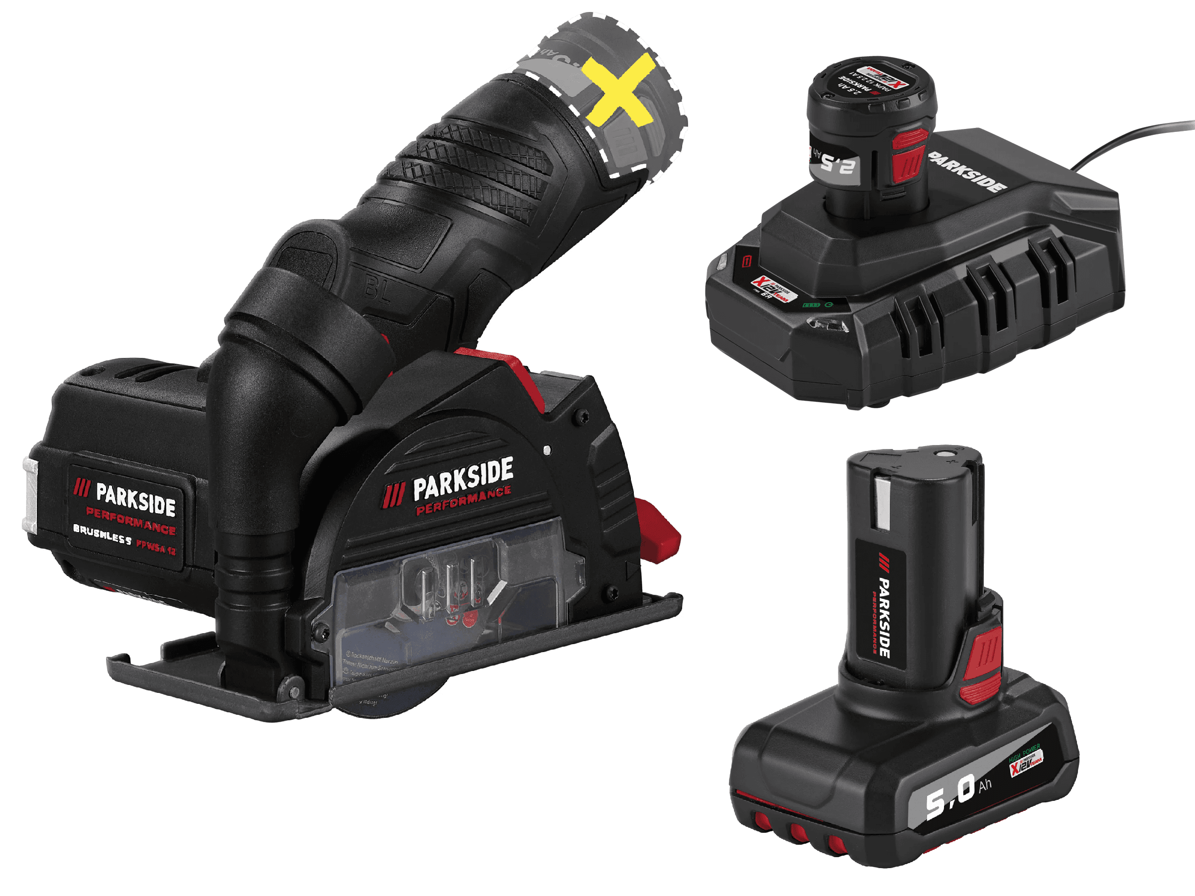 PARKSIDE PERFORMANCE® Aku uhlová brúska 12 V PPWSA 12 A1 + Akumulátor 12 V/2,5 Ah + Akumulátor 12 V/5 Ah + Nabíjačka 6 A 1