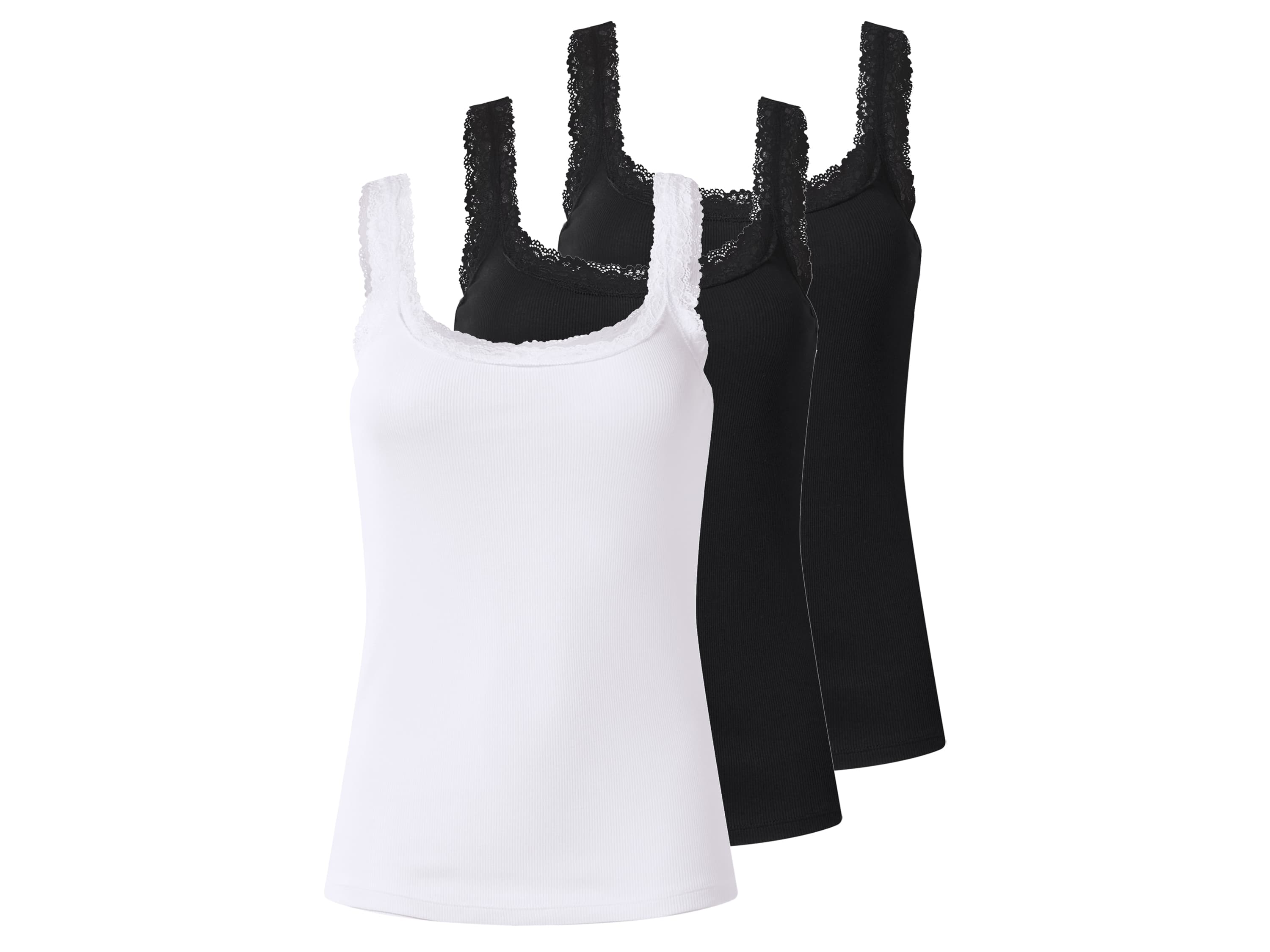 esmara® Dámske rebrované topy s čipkou, 3 kusy (čierna/biela, M (40/42)) 1