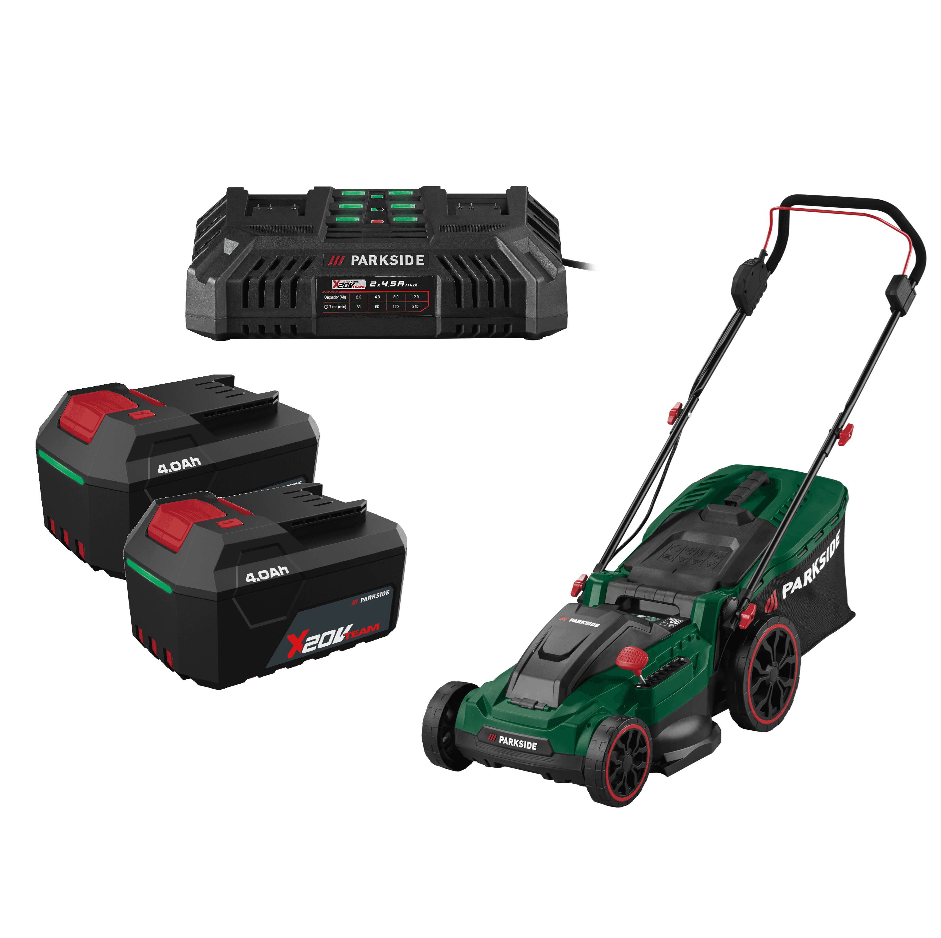 PARKSIDE® Aku kosačka na trávu 40 V PARM 41 A1 + Akumulátor 20 V/4 Ah, 2 kusy + Dvojitá nabíjačka na akumulátor 20 V/4,5 A 1