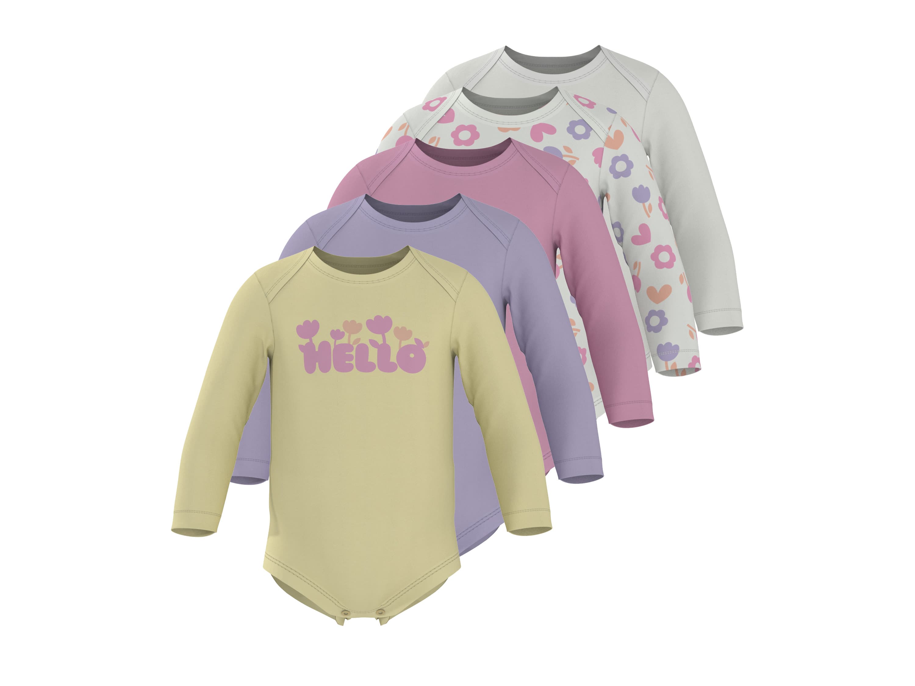 LUPILU® Dievčenské/chlapčenské body s dlhým rukávom, 5 kusov (biela/ružová/fialová/žltá, 86/92) 1