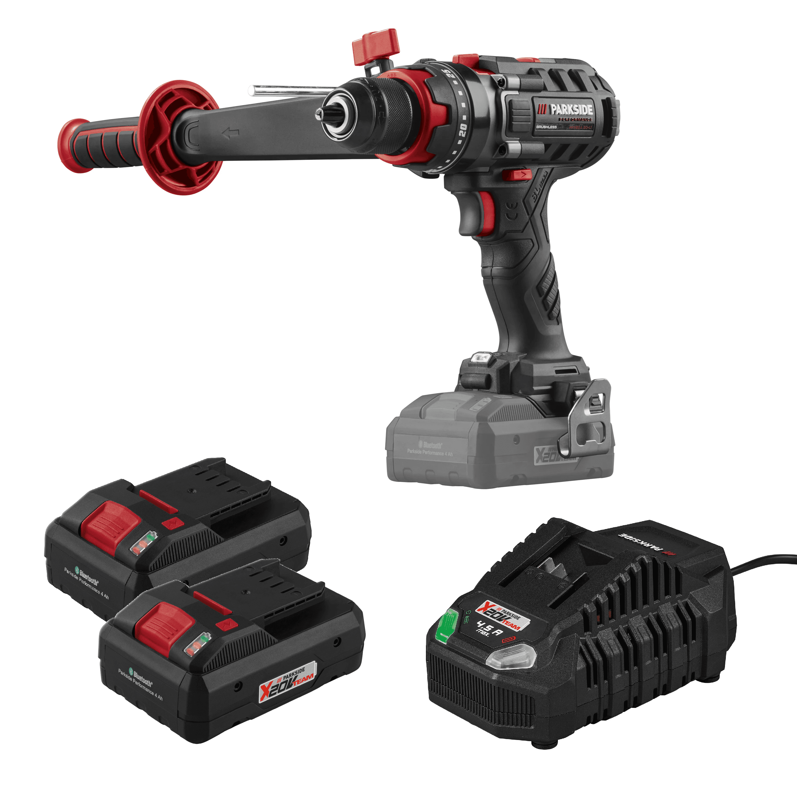 PARKSIDE PERFORMANCE® Aku príklepový vŕtací skrutkovač 20 V + Smart akumulátor 20 V/4 Ah, 2 kusy + Rýchlonabíjačka akumulátora 20 V/4,5 A