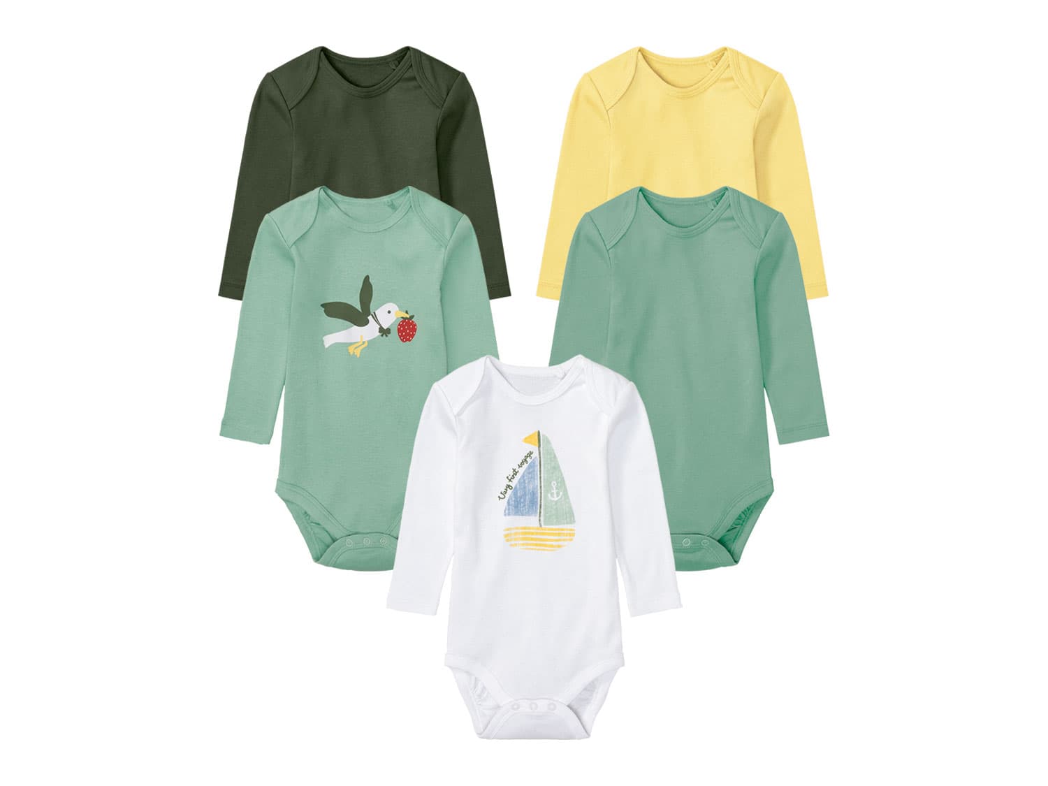 lupilu® Detské body pre bábätká s dlhým rukávom, 5 kusov (50/56, zelená/tmavozelená/žltá/biela)