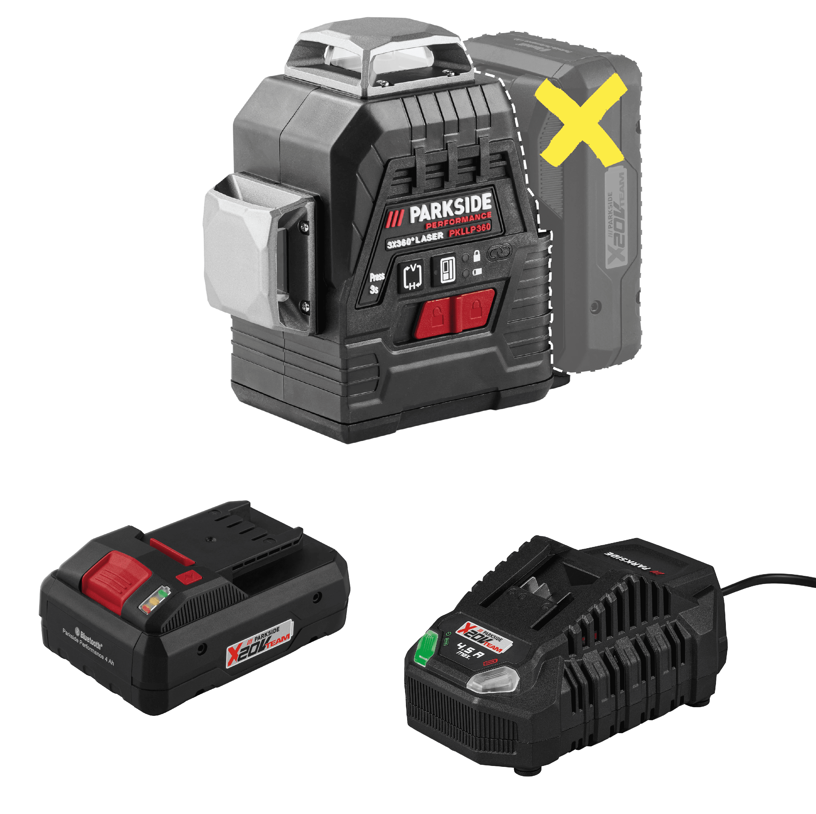PARKSIDE PERFORMANCE® Aku krížový líniový laser PKLLP 3360 A1 + Smart akumulátor 20 V/4 Ah + Rýchlonabíjačka akumulátora 20 V/4,5 A