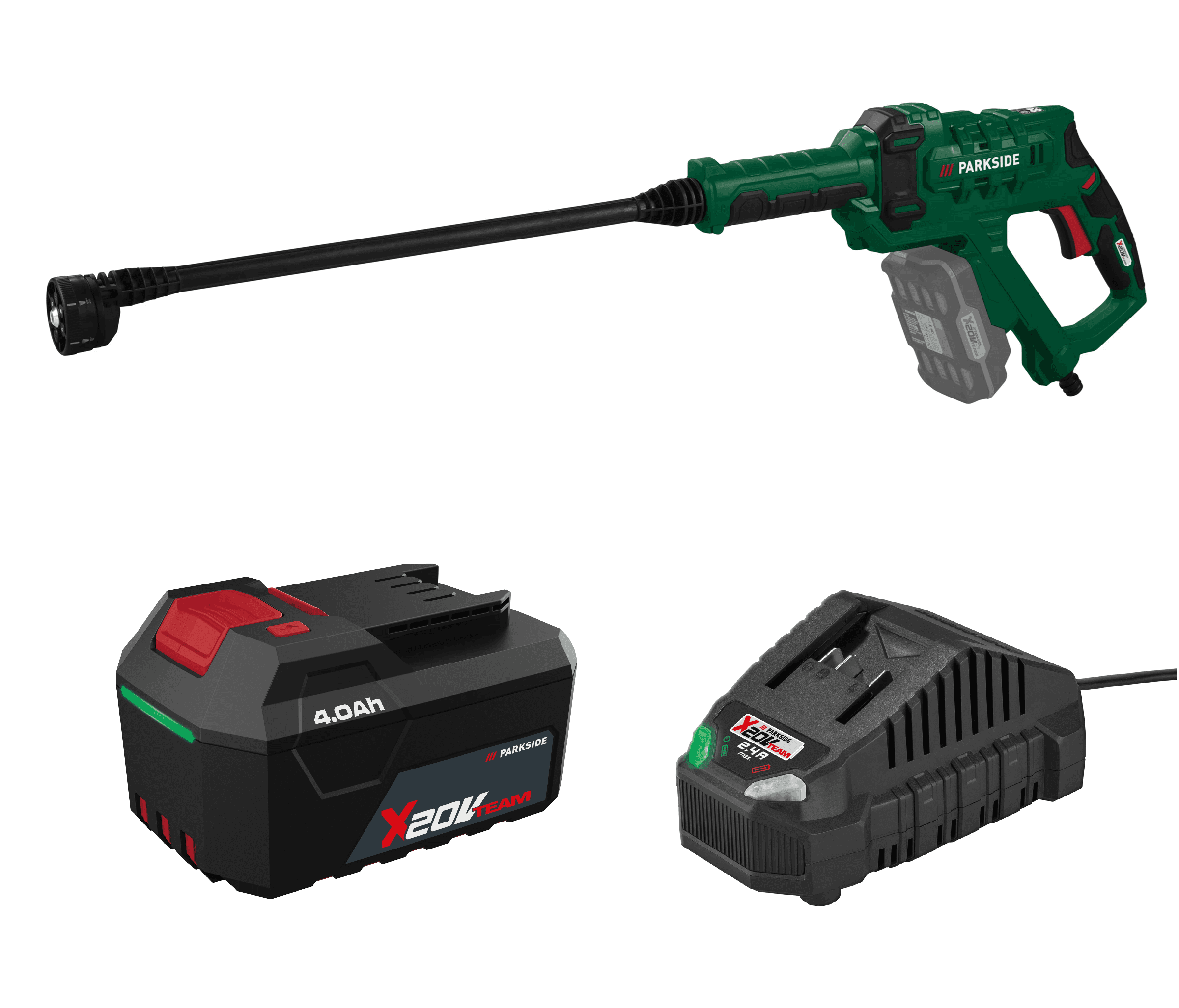 PARKSIDE® Aku tlakový čistič 20 V PDRA 20-Li D4 + Rýchlonabíjačka akumulátora 20 V/4,5 A + Akumulátor 20 V/4 Ah