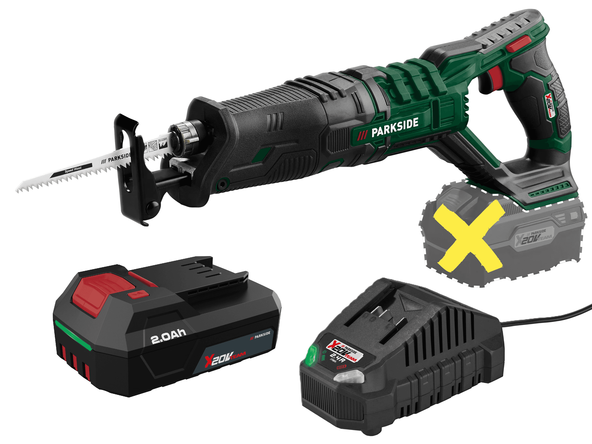 PARKSIDE® Aku chvostová píla 20 V PSSA 20-Li B2 + Akumulátor 20 V/2 Ah + Nabíjačka 20 V/2,4 A