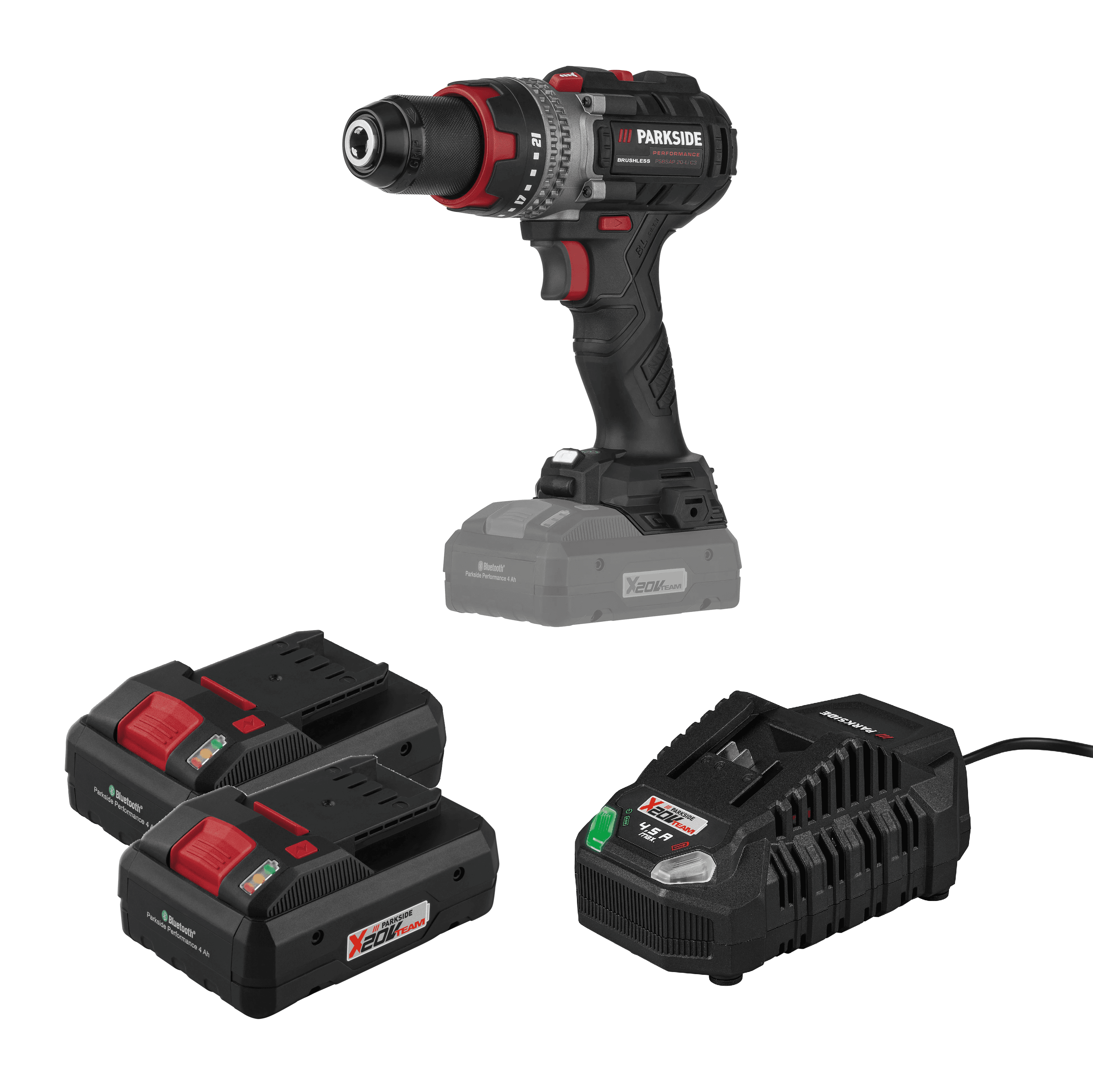 PARKSIDE PERFORMANCE® Aku príklepový skrutkovač PSBSAP 20 Li-D4 + Smart akumulátor 20 V/4 Ah, 2 kusy + Rýchlonabíjačka akumulátora 20 V/4,5 A