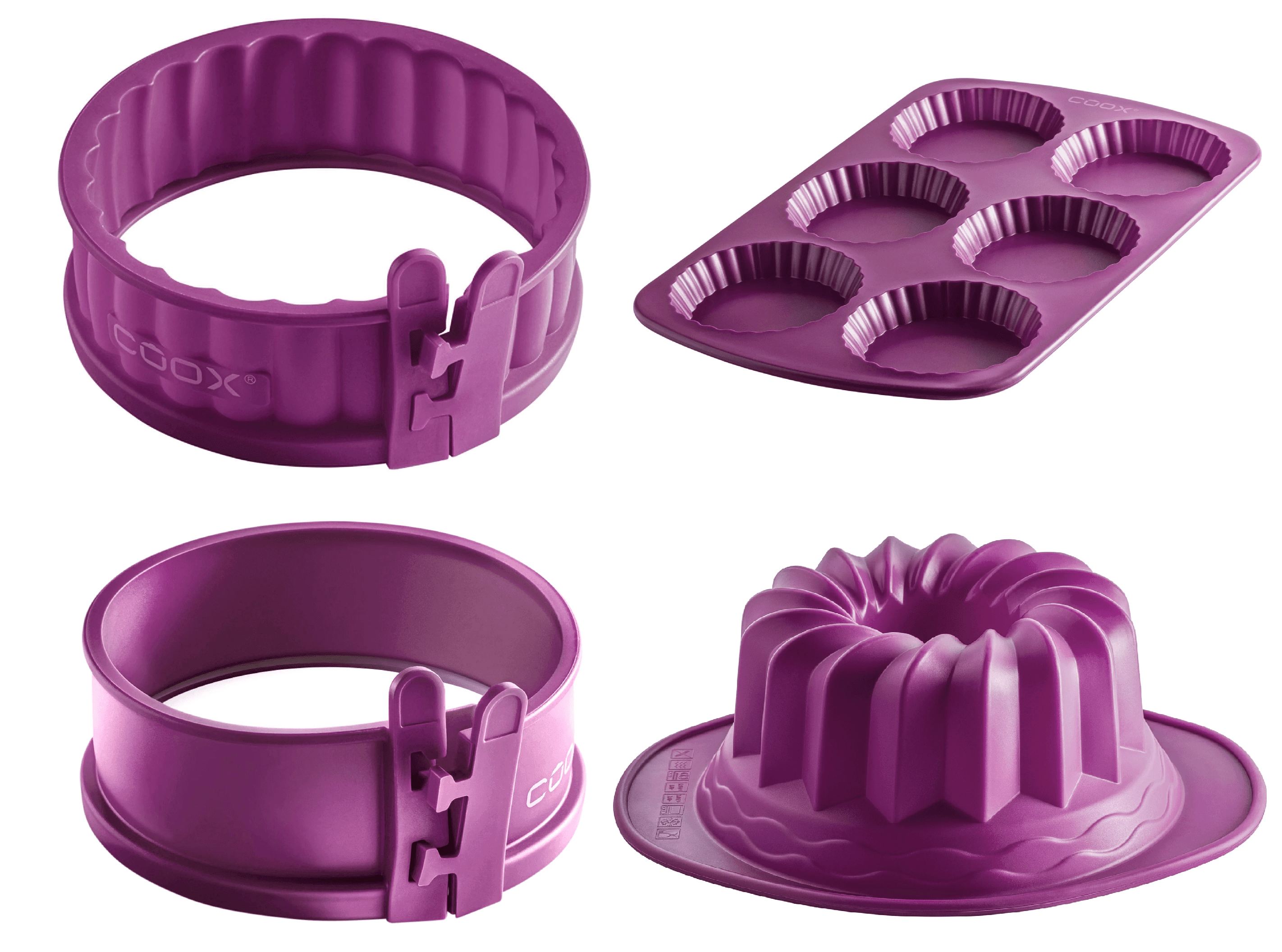 Coox Forma na koláč so skleneným dnom + Forma na bábovku + Mini forma na tortu so skleným dnom + Forma na tartalette, fialová