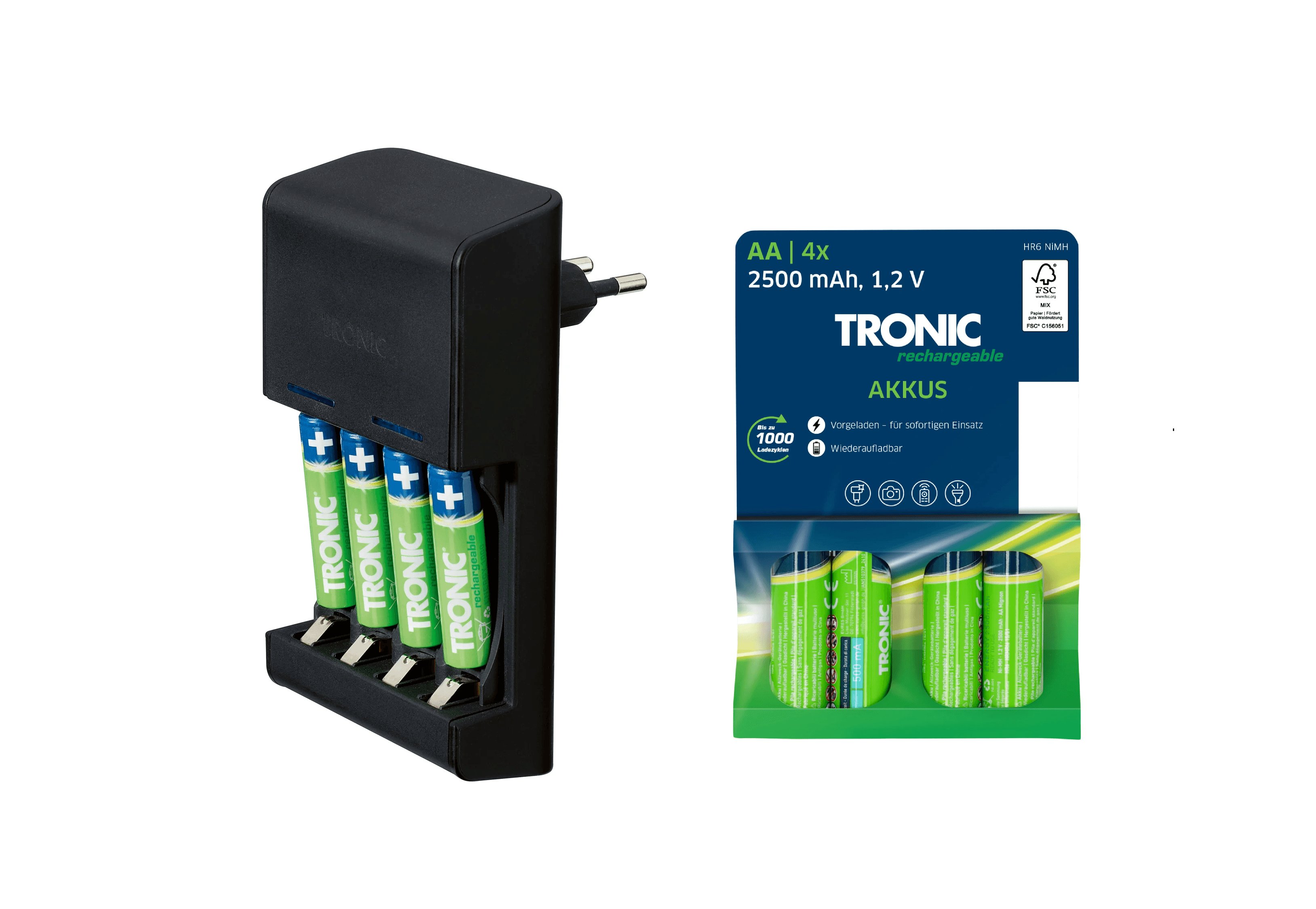 TRONIC® Nabíjačka batérií AA/AAA + Ni-MH nabíjateľné batérie AA, 4 kusy