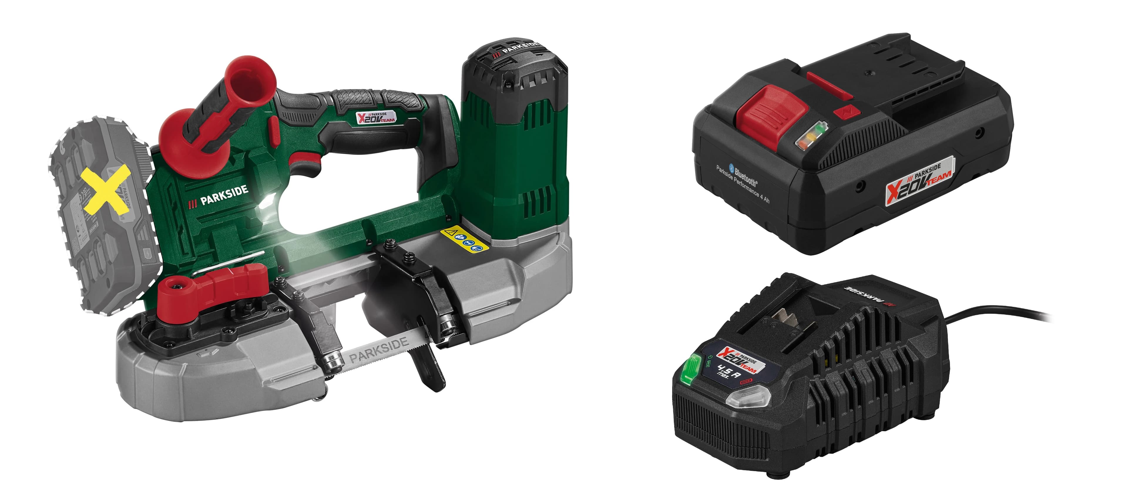 PARKSIDE® Aku pásová píla 20 V PMBA 20-Li A1 + Smart akumulátor 20 V/4 Ah PAPS 204 B1 + Rýchlonabíjačka akumulátora 20 V/4,5 A