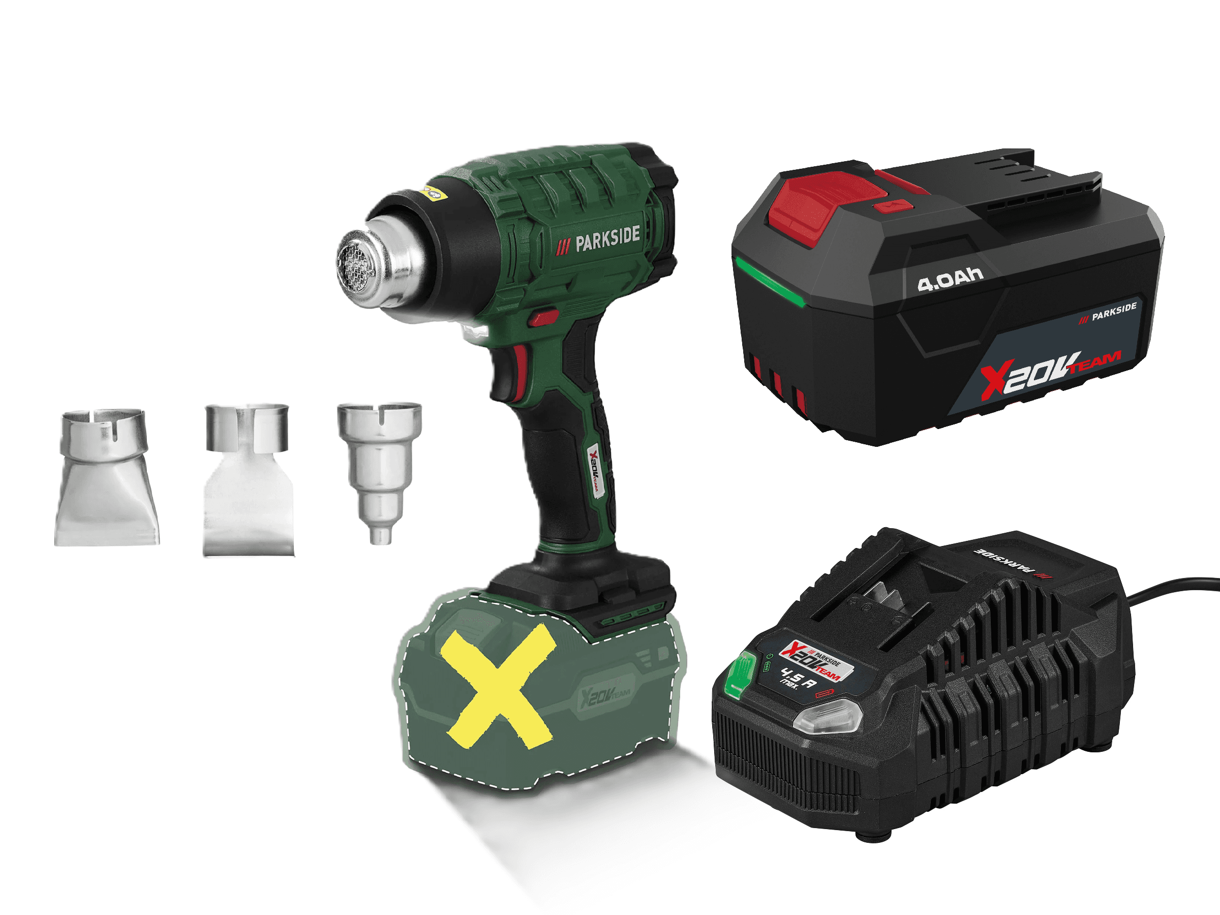PARKSIDE® Aku teplovzdušná pištoľ PHLGA 20-Li C2 + Akumulátor 20 V/4 Ah + Rýchlonabíjačka 20 V/4,5 A 1