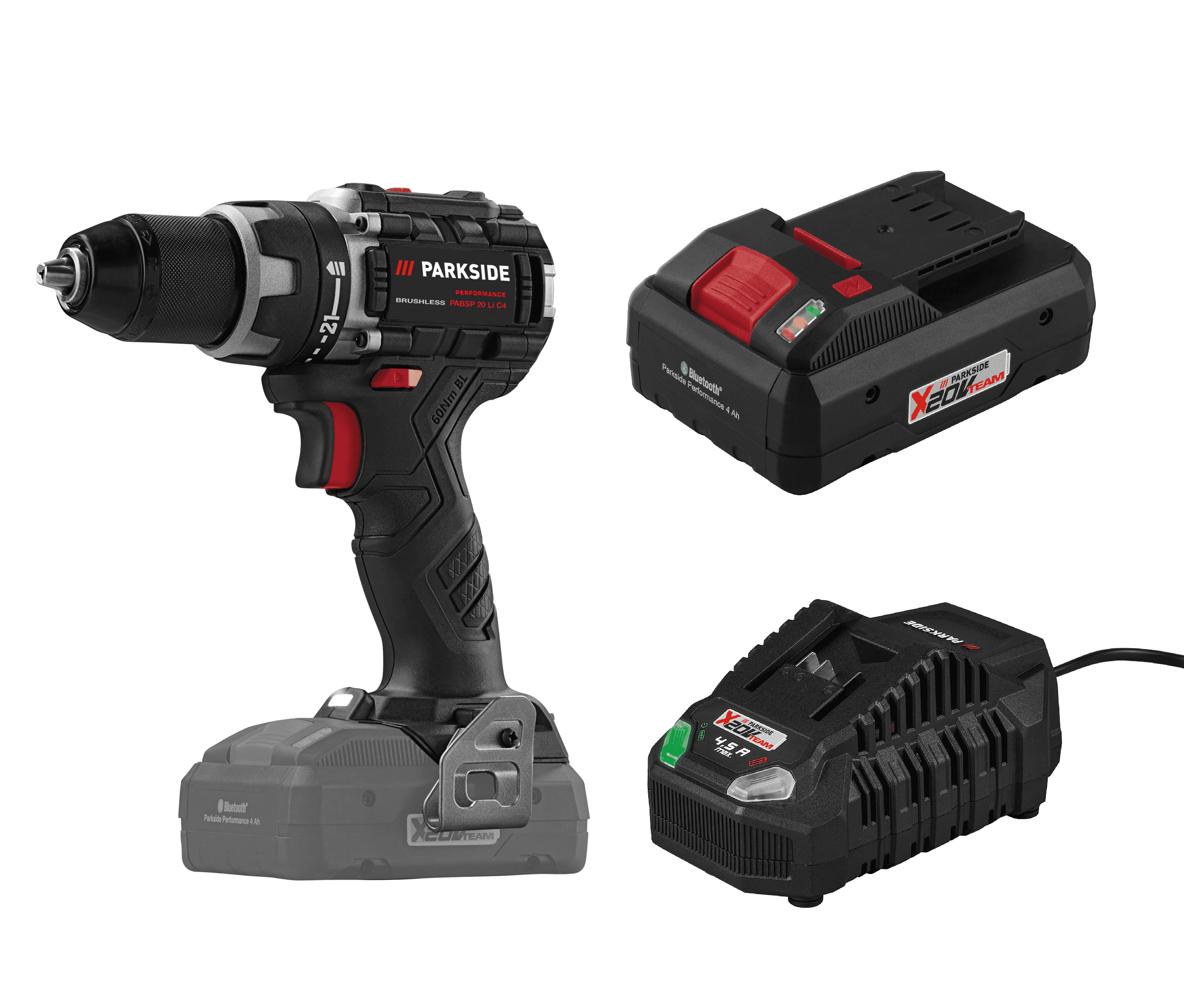 PARKSIDE® Aku vŕtací skrutkovač 20 V PABSP 20 Li C4 + Rýchlonabíjačka akumulátora 20 V/4,5 A + Smart akumulátor 20 V/4 Ah